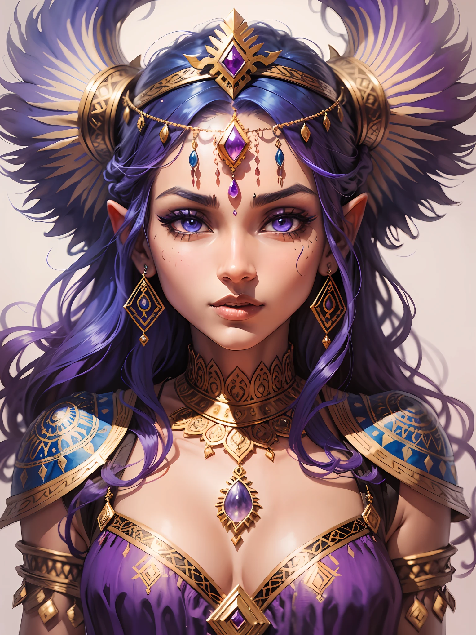 Indian girl, hand drawn sketch illustration of a beautiful dnd ifreet djinn girl with flaming purple hair, blue eyes, ornate headwear, jewellery, gemstones, illustration, watercolor ink sketch, (best quality)), intricate detailed,