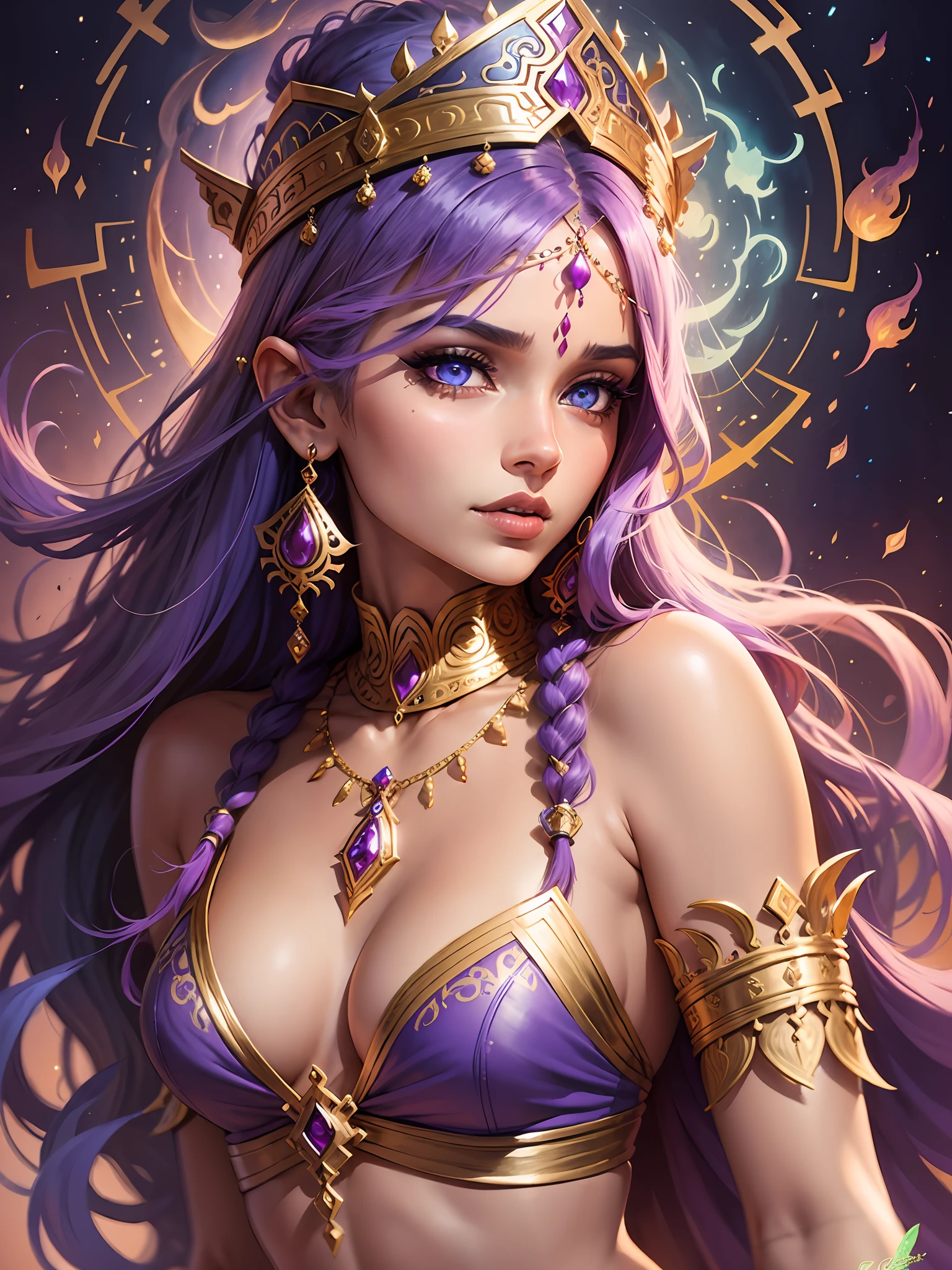 Indian girl, hand drawn sketch illustration of a beautiful dnd ifreet djinn girl with flaming purple hair, blue eyes, ornate headwear, jewellery, gemstones, illustration, watercolor ink sketch, (best quality)), intricate detailed,