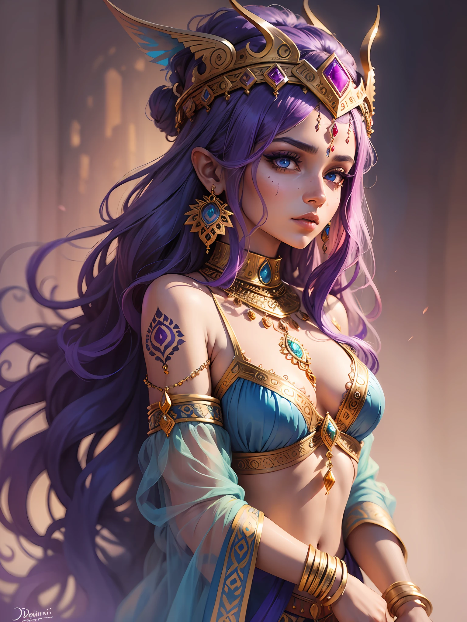 Indian girl, hand drawn sketch illustration of a beautiful dnd ifreet djinn girl with flaming purple hair, blue eyes, ornate headwear, jewellery, gemstones, illustration, watercolor ink sketch, (best quality)), intricate detailed,