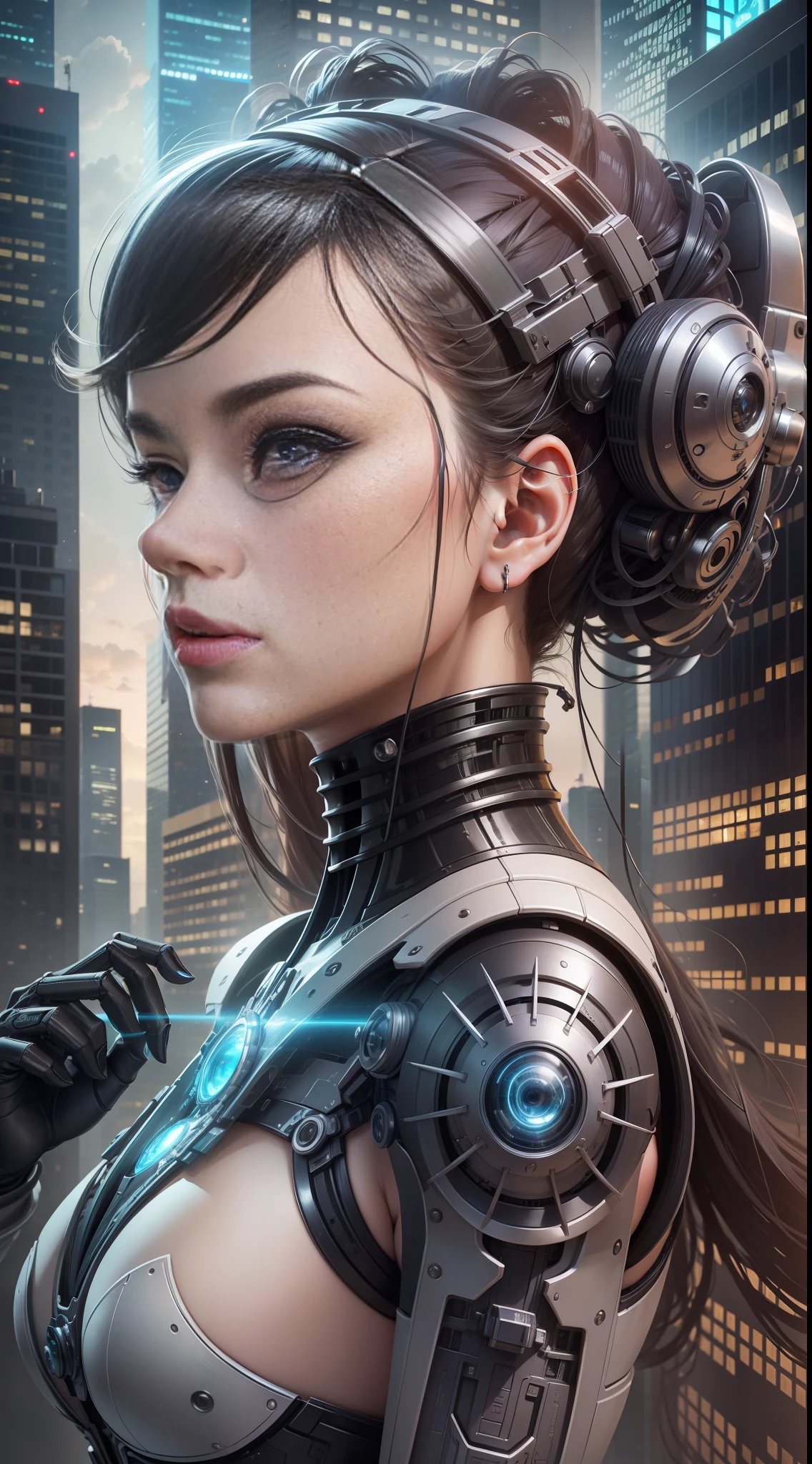 Complex 3d rendering very detailed beautiful ceramic silhouette female robot face, robot, robot parts, 85mm, beautiful studio soft light, edge light, vibrant details, luxurious cyberpunk, lace, surrealism, anatomy, facial muscles, cable wire, microchip, elegant, beautiful background, octane rendering, HR Giger style, 8k, best quality, masterpiece, illustration, very refined and beautiful, very detailed, CG, unified, wallpaper, (realism, Realism: 1.37), amazing, fine details, masterpiece, best quality, official art, very detailed CG unified 8k wallpaper, ridiculous, incredibly ridiculous, robot, silver helmet, full body, 2.0 large aperture, supercars, big city outdoor streets, Wall Street Road, high-rise buildings,
