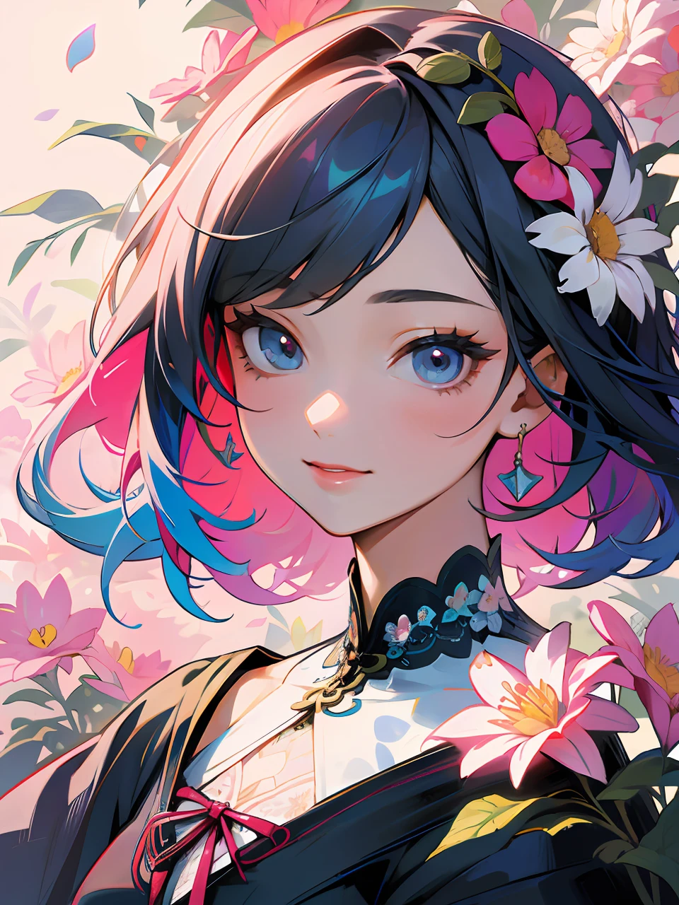 best quality, masterpiece, high resolution, perfect detail, (very fine and beautiful: 1.1), BREAK (Official art, beautiful and aesthetic: 1.2), (Fractal art: 1.3), (Lots of flower effects: 1.4), BREAK 1girl with colorful hair and colorful dress, looking_at_viewer, smile, portrait, BREAK dream art germ, highly detailed art germ, BREAK solo, very vivid colorful, (many many flower effects:1.3), lots of petals, beautiful light, BREAK fine beauty, (detailed face with fine eyes: 1.1), (beautiful and clear background: 1.1), lace, ribbon, BREAK flowers and petals, beautiful concept illustration,