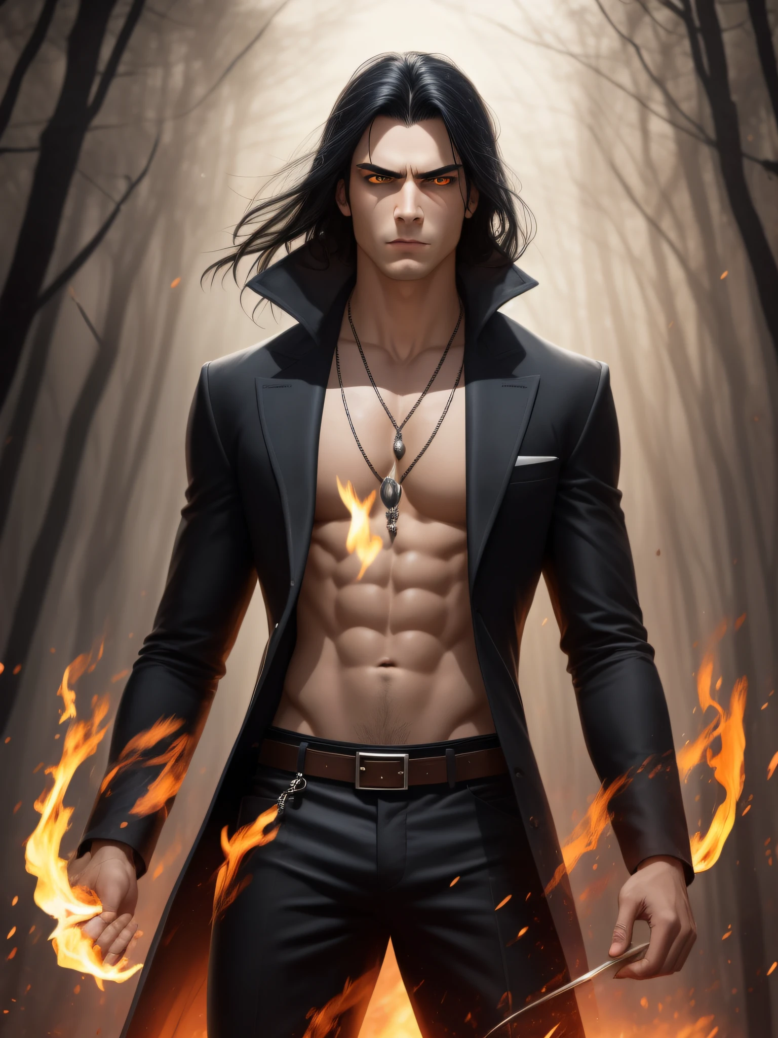 There is one young vampire, a handsome man with a perfect thin face, clean-shaven, with yellow eyes, thin eyebrows, a straight nose and long straight black hair, a thin young man in his 30s throwing fire with his hands, an expression of rage on his face, his eyebrows drawn, his eyes burning, backgranud night dark burning forest, full-length