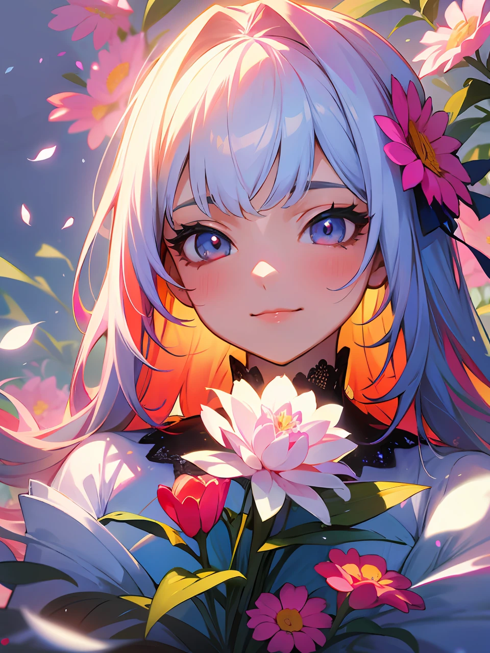 best quality, masterpiece, high resolution, perfect detail, (very fine and beautiful: 1.1), BREAK (Official art, beautiful and aesthetic: 1.2), (Fractal art: 1.3), (Lots of flower effects: 1.4), BREAK 1girl with colorful hair and colorful dress, looking_at_viewer, smile, portrait, BREAK dream art germ, highly detailed art germ, BREAK solo, very vivid colorful, (many many flower effects:1.3), lots of petals, beautiful light, BREAK fine beauty, (detailed face with fine eyes: 1.1), (beautiful and clear background: 1.1), lace, ribbon, BREAK flowers and petals, beautiful concept illustration,