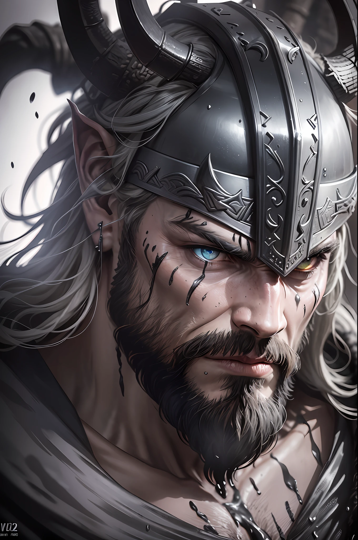 Close-up of Viking King emerging from wet black mud :: Dark metal helmet with two large black horns on the sides of the helmet :: dark warpaint :: scruffy black beard :: angry expression :: scar on face :: Viking Axe :: cinematic lighting, volumetric rays, moody, wet, dripping mud --auto --s2