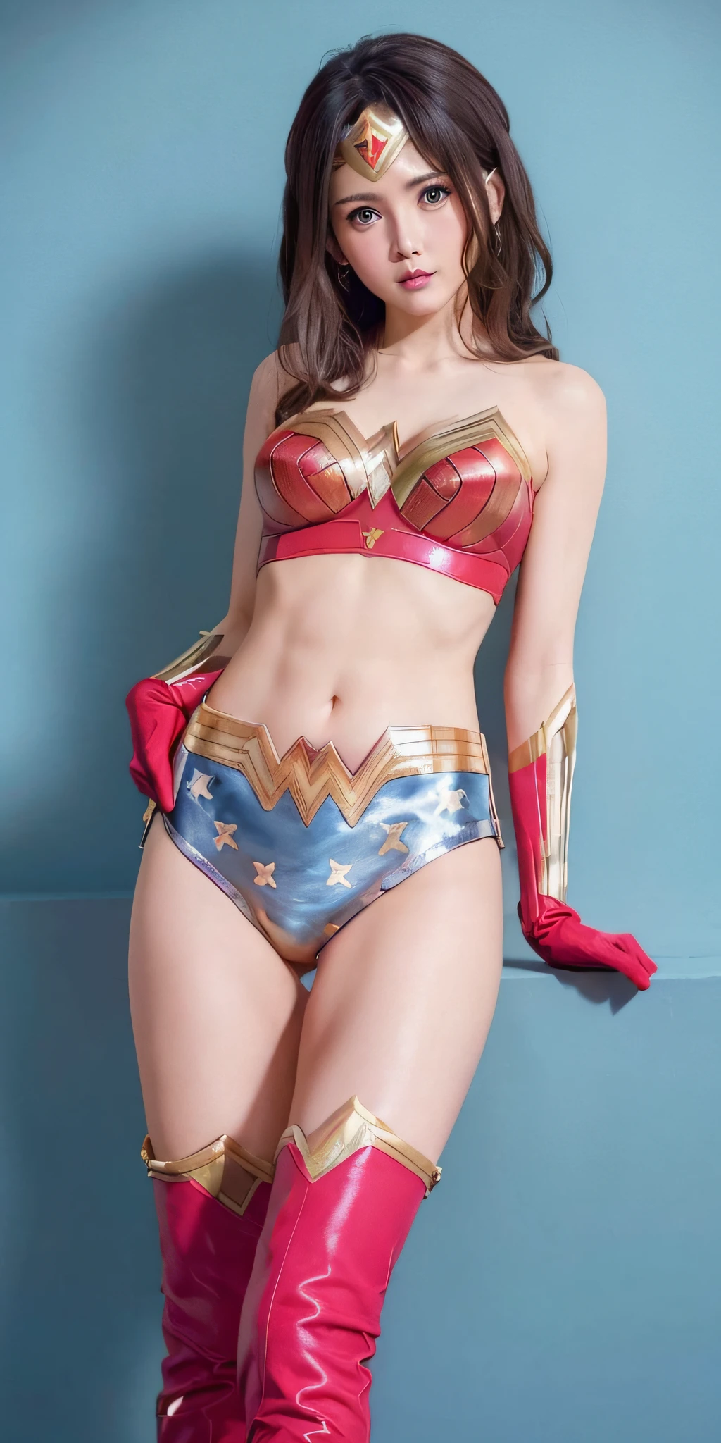 (8k, RAW photo, best quality, masterpiece:1.2), (realistic, photo-realistic:1.37), (lynda-carter-ww-costume:1.65), (red bra:1.4), (navy pants:1.3), (golden belt:1.2), best quality, ultra high res, light leaks, dynamic lighting, slim, smooth skin, (pureerosface_v1:1), armpit, back, cute idol, ************, short neck, (beautiful detailed eyes:1),(beautiful detailed face:1),(freebuffing:1.2), (small breast:1.2), on bed, ulzzang-6500, 1girl, (red boots:1.3), (lie down on her back:1.2), (close-up of a head shot:1.２), from above behind, front view, looking at viewer,  arms behind back, armpit, spring, morning sunlight,  (wonder woman:1.2), (soft saturation:1.6), (fair skin:1.2), (shiny skin:1.1), oiled skin