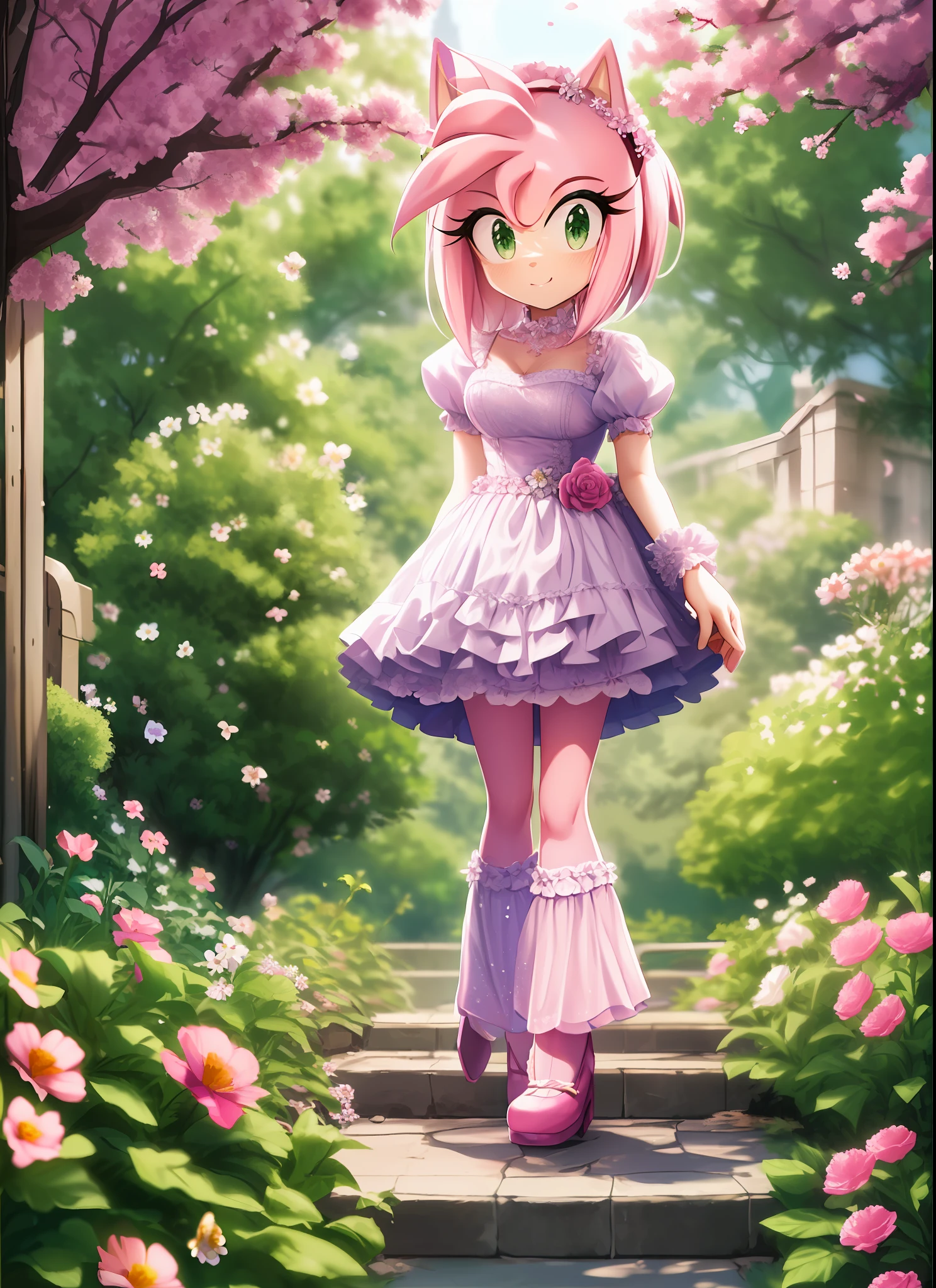 `"amy rose, full body, frilly dress dress" + "(cute:1.1),(pink:1.2),(posing in garden:1.3),(with flowers:1.2),(cartoonish:1.1),(anime style:1.2),(dynamic pose:1.05)"`