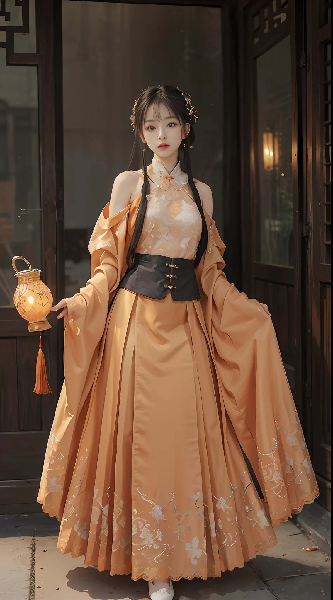 ulzzang-6500-v1.1, (raw photo:1.2), (photorealistic:1.4), beautiful and detailed girl, very detailed eyes and face, beautiful detailed eyes, absurd, incredibly ridiculous, huge file size, super detailed, high resolution, very detailed, best quality, masterpiece, kemomimi, ((Chinese woman wears Hanfu, Guochao, Song, chest-length skirt, silk, lace)), wears Chinese Hanfu, (((orange lace stockings)) lively pose, facing the audience, feminine, stunner, medium breasts, very detailed, viewer perspective, CG, unity, 8k wallpaper, amazing, fine details, masterpiece, best quality, very detailed CG unified 8k wallpaper, face light, movie lighting, 1girl, (full body 2.0), sexy, bare shoulder