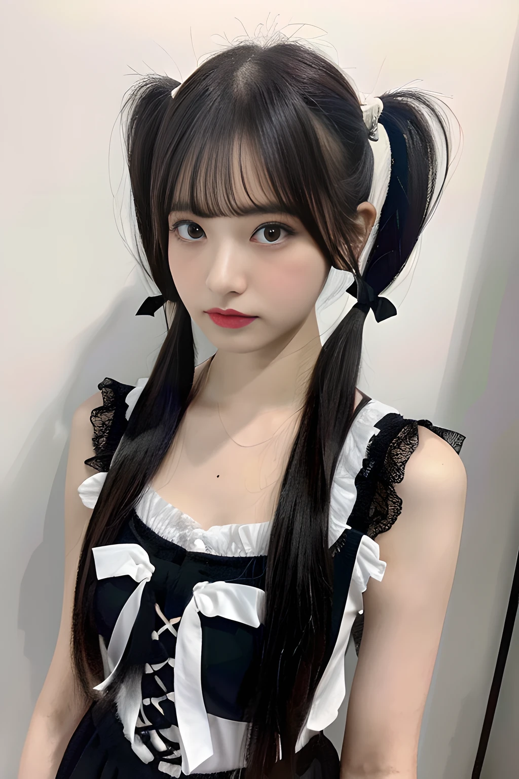 (absurdres:1.1, highres:1.1, ultra detailed:1.1),2 woman,black hair and eyes,long hair,bangs,twintail,ribbon,medium breasts