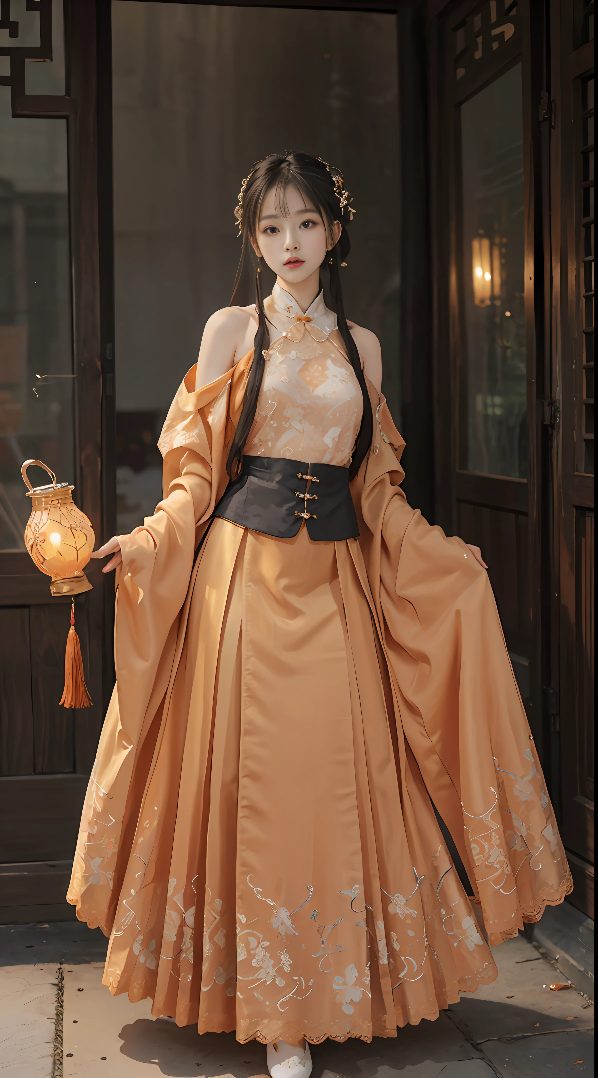 ulzzang-6500-v1.1, (raw photo:1.2), (photorealistic:1.4), beautiful and detailed girl, very detailed eyes and face, beautiful detailed eyes, absurd, incredibly ridiculous, huge file size, super detailed, high resolution, very detailed, best quality, masterpiece, kemomimi, ((Chinese woman wears Hanfu, Guochao, Song, chest-length skirt, silk, lace)), wears Chinese Hanfu, (((orange lace stockings)) lively pose, facing the audience, feminine, stunner, medium breasts, very detailed, viewer perspective, CG, unity, 8k wallpaper, amazing, fine details, masterpiece, best quality, very detailed CG unified 8k wallpaper, face light, movie lighting, 1girl, (full body 2.0), sexy, bare shoulder