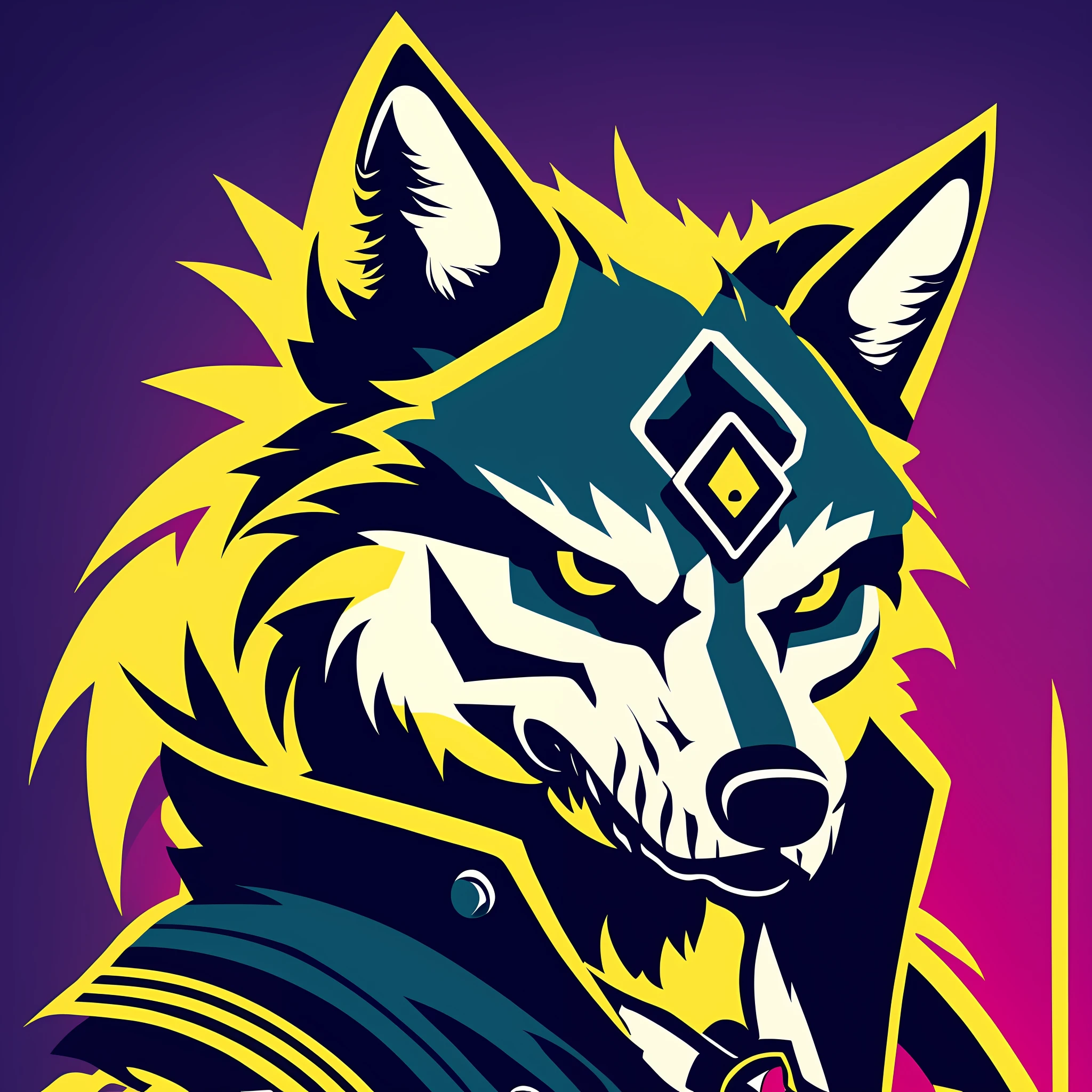 wolf mascot skull style, t-shirt design, super cute, cyber punk, 2d, vector, flat