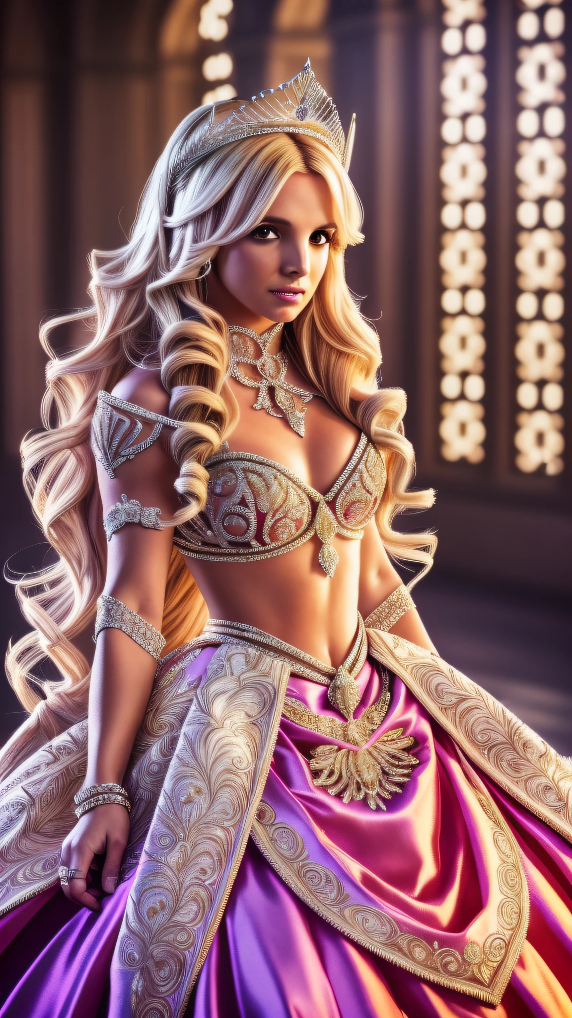 Photo BRITNEY SPEARS , 4K texture, high quality, gorgeous hairstyle, with stylish outfit, long, with details , extravagant, diamond crown, sparkling accessories, inspired by the movie Barbie as Rapunzel , (BROWN EYES), FULL BODY (masterpiece) (perfect aspect ratio)(realistic photo)(best quality) (detailed) photographed on a Canon EOS R5, 50mm lens, F/2.8, HDR, (8k) (wallpaper) (cinematic lighting) (dramatic lighting) (sharp focus) (intricate) --auto --s2
