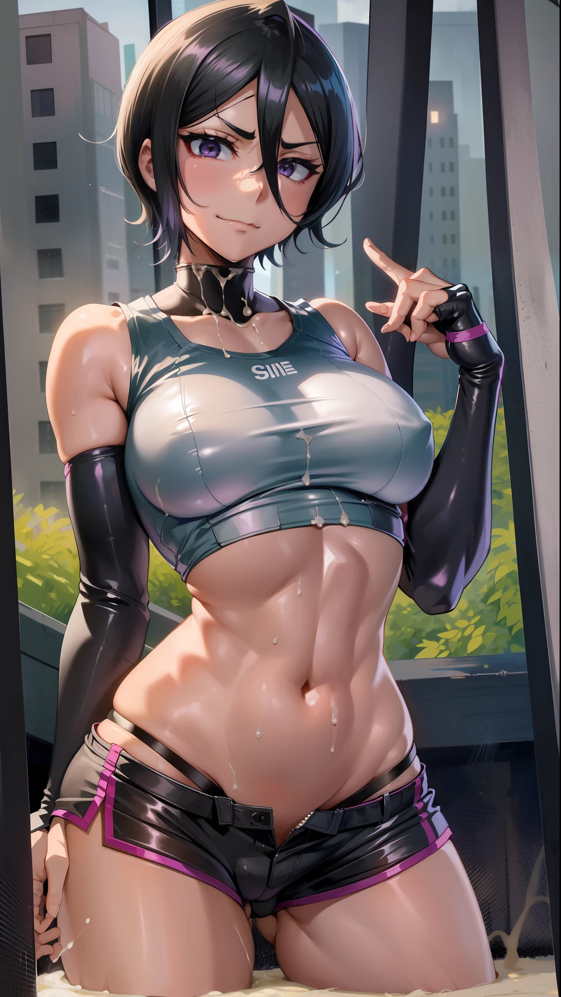 anime screencap, city, 1girl, solo, short hair, black hair, purple eyes, looking at the viewer, hair between eyes, closed mouth, smirk, top, lower chest, sleeveless, short sports shorts, female groin, bare legs, big ass, chubby legs, cum bathed, cum on hair, cum glass cum