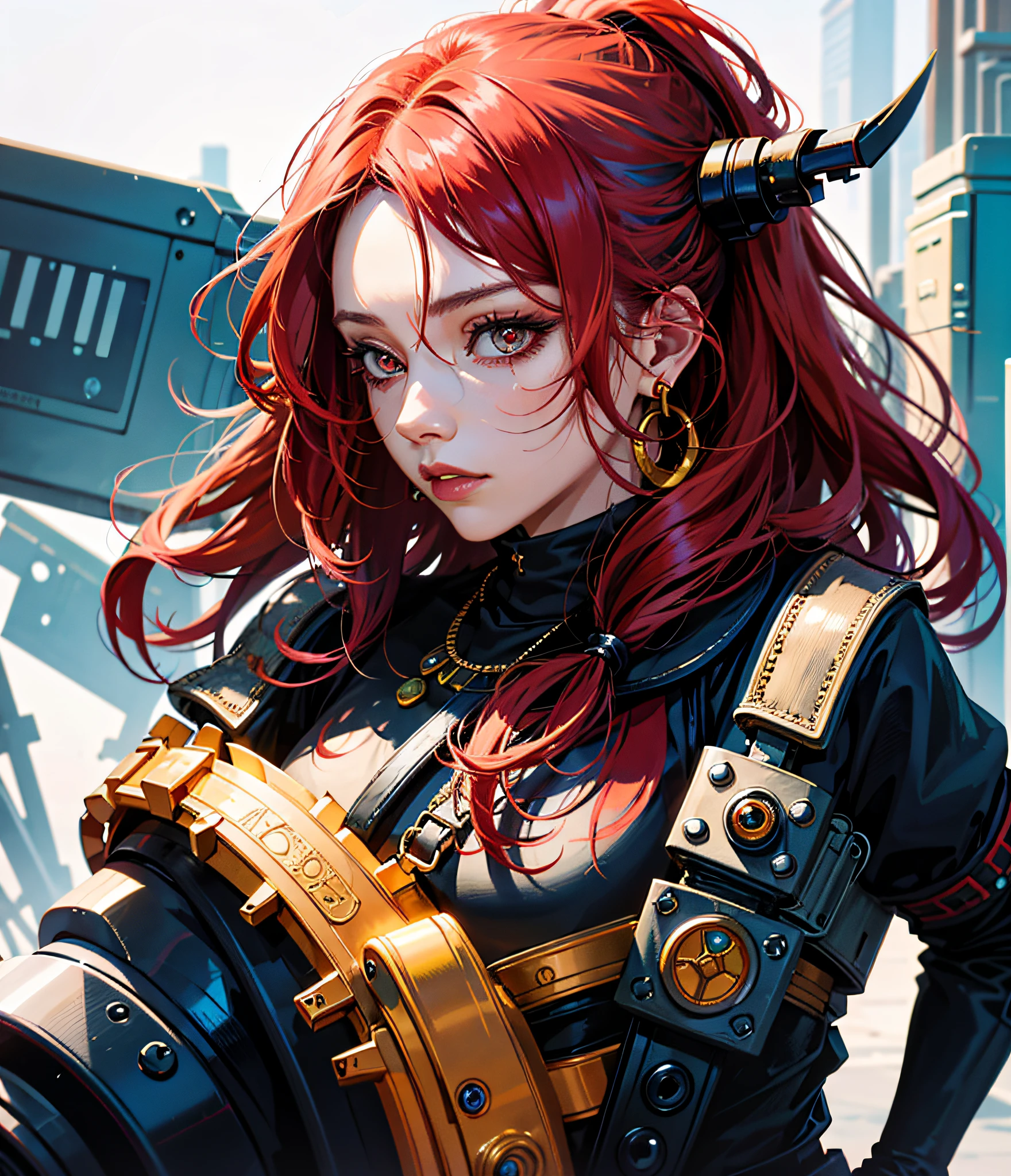 anime, woman, earrings, face, red_hair, jewelry, Female_focus, outdoors, long_hair, symmetrical body, portrait, cinematic lighting, high contrast, artstation, character concept art, 8K , simple background, scar over one eyeliner
