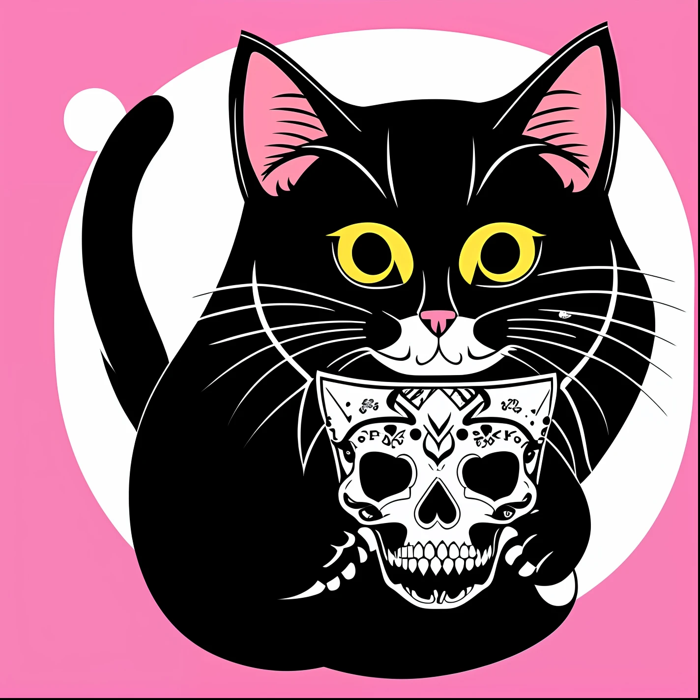 cat mascot skull style, t-shirt design, super cute, 2d, vector, flat