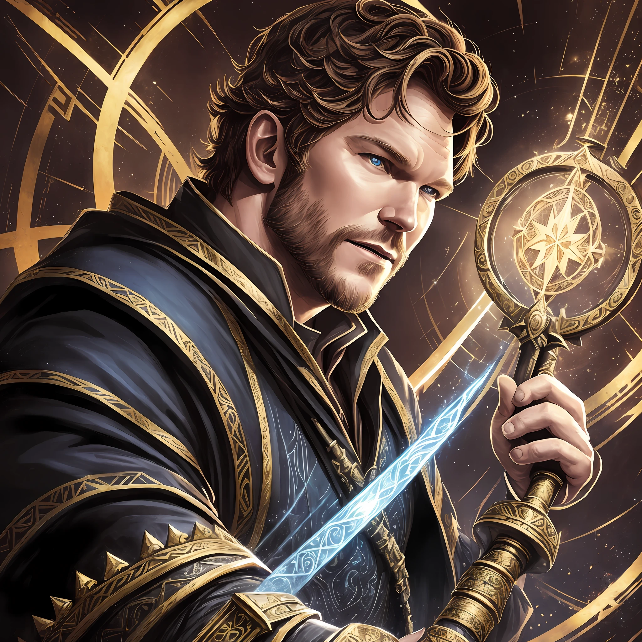 A painting of Chris Pratt's face seamlessly integrated into the previous prompt, depicting a male cleric in medieval attire wearing a gauntlet with a kunai-rope dart. The cleric embodies the essence of a Mistborn steel inquisitor, with a menacing presence. The conceptual art showcases a monk with a stoic expression, reminiscent of Chris Pratt's features. An evil Catholic priest, inspired by Kris from Deltarune, is portrayed, exuding a malevolent aura with Chris Pratt's recognizable face. A fantasy wizard is depicted wearing flowing robes and leather armor, still reminiscent of Chris Pratt's distinct features, exuding a sense of power and mystique. In the image, an old male Archmage is portrayed, adorned with intricate robes and wielding a staff, emanating wisdom and authority, but with Chris Pratt's likeness. Finally, a portrait of a wizard captures their enigmatic nature and magical prowess, with Chris Pratt's face as the focal point. --auto --s2