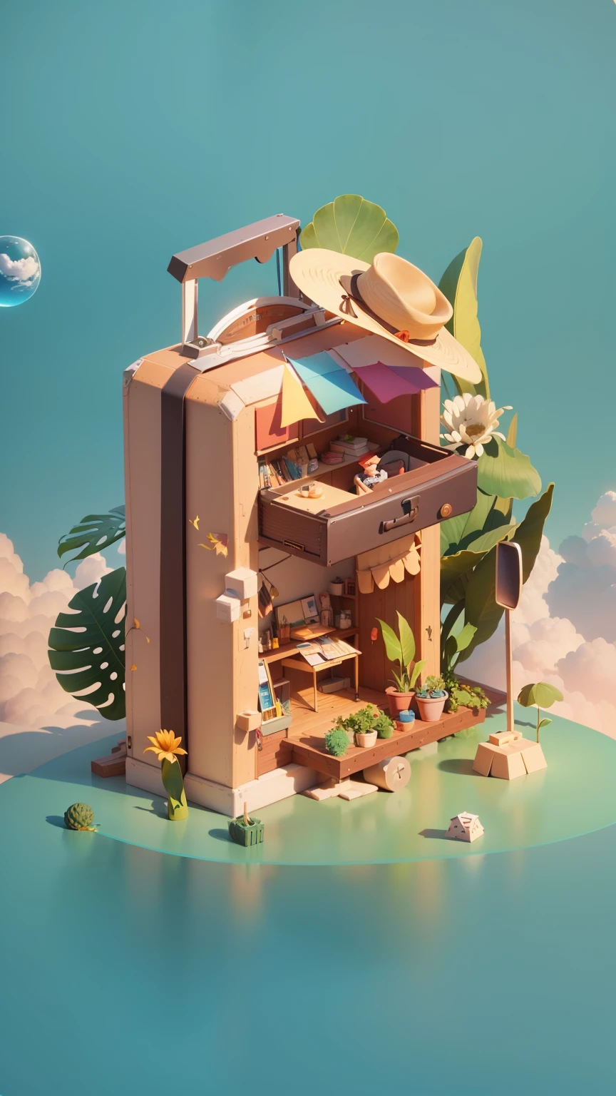 There is a suitcase with a straw hat on top, clouds, atmosphere, leaves, chrysanthemums floating in the air, paper airplanes, desert, (miniature: 1.2), 2.5d illustration, 3d rendering, 3d modeling, bubble matt, trend in behans 3d art, trend in behans 3d Art, 3 D Illustration, 3d Illustration, 3d Illustration, Commercial Illustration, Cinema 4d Color Rendering, 3d Rendering Stylized, Stylized Digital Illustration, 3d Stylized Scene, Stylized 3d Rendering, 8K