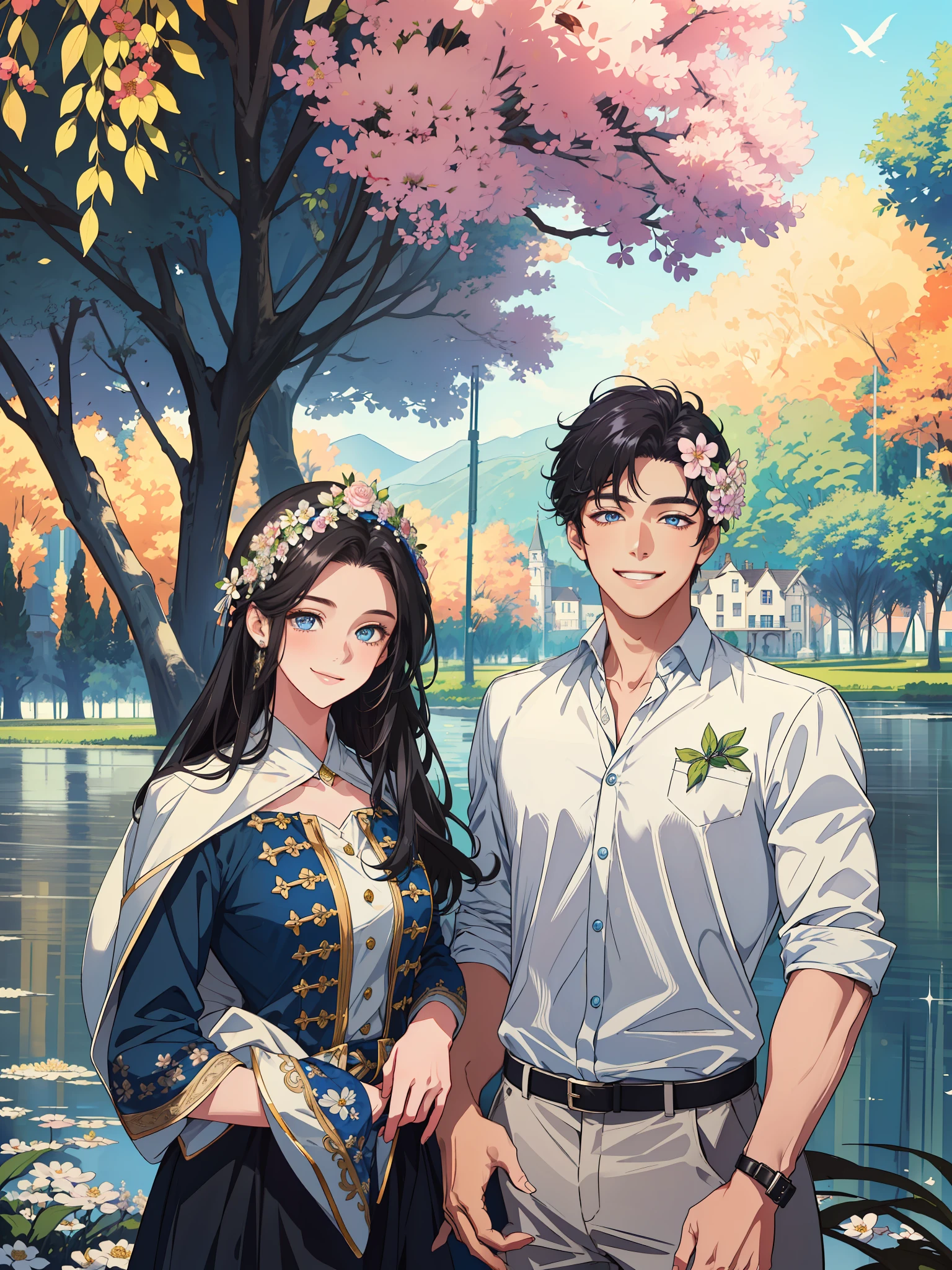 (masterpiece, best quality, highres, Sweet couple, beautiful girl, young boy, smile, couple photo, detailed eyes, blue eyes girl, detailed face, black hair, stylish hair, classy outfit, romantic background, flower crown, highly detailed