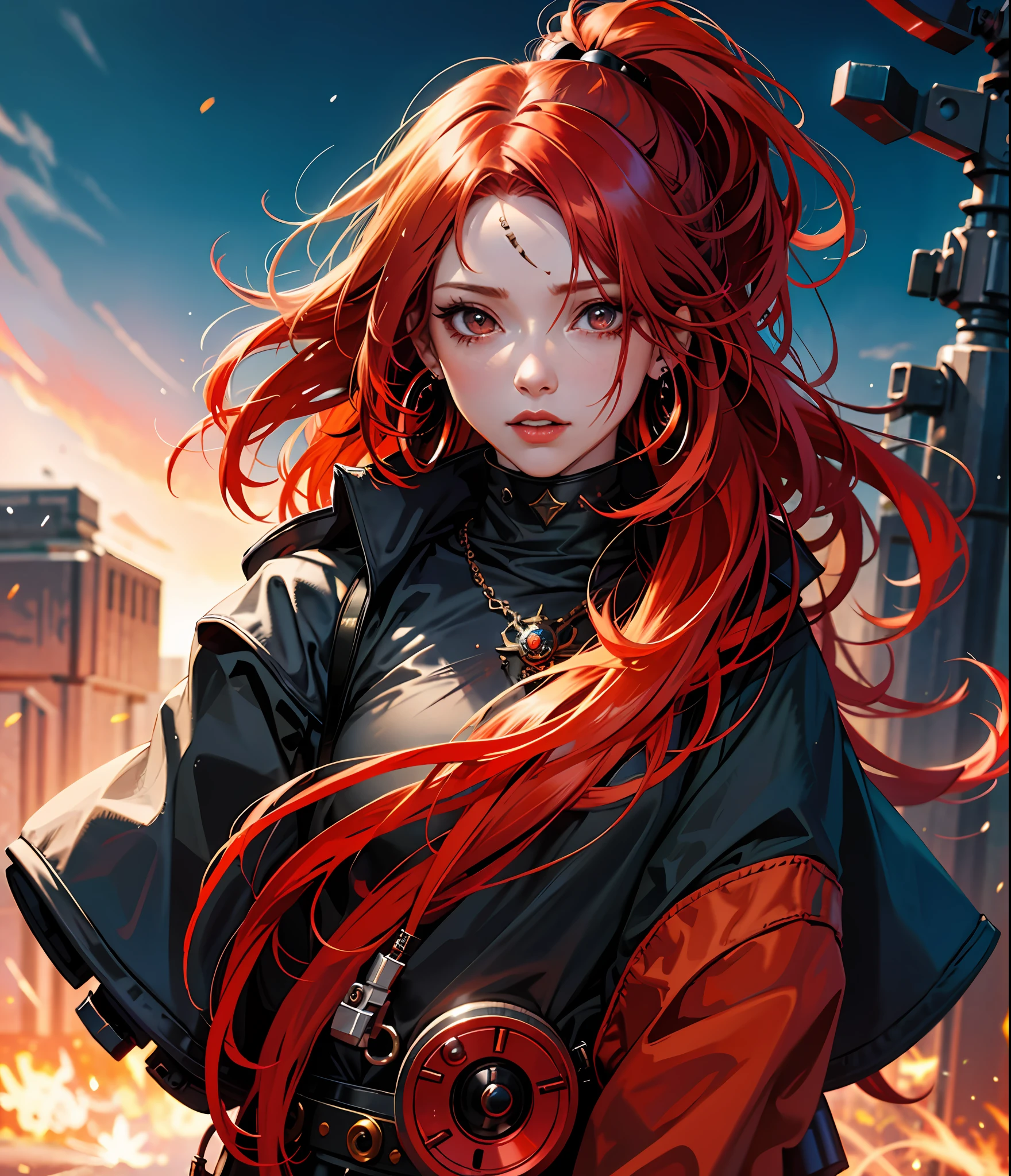 anime, woman, earrings, face, red_hair, jewelry, Female_focus, outdoors, long_hair, symmetrical body, portrait, cinematic lighting, high contrast, artstation, character concept art, 8K , simple background, scar over one eyeliner
