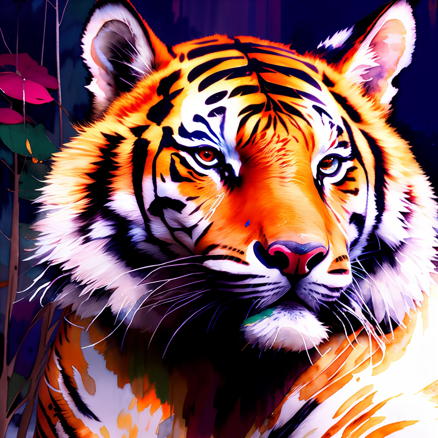 wtrcolor style, digital art of (tiger character), official art, frontal, smiling, masterpiece, beautiful, ((watercolor)), face painting, paint splashes, intricate details. Detailed and highly detailed eyes, [pinging: 0.5], Trend in artstation, by Rachel Walker