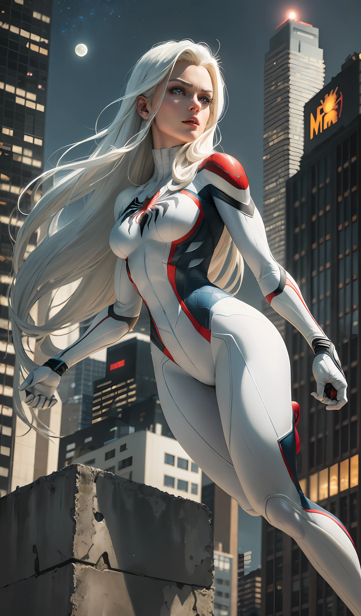 (Masterpiece, 4k resolution, ultra-realistic, very detailed), (White superhero theme, charismatic, there's a girl on top of town, wearing Spider-Man costume, she's a superhero), [ ((25 years), (long white hair:1.2), full body, (blue eyes:1.2), ((Spider-Man pose),show of strength, jumping from one building to another), ((sandy urban environment):0.8)| (cityscape, at night, dynamic lights), (full moon))] # Explanation: The Prompt mainly describes a 4K painting of ultra-high definition, very realistic, very detailed. It shows a superheroine at the top of the city, wearing a Spider-Man costume. The theme in the painting is a white superhero theme, the female protagonist has long white hair, is 25 years old and her entire body is shown in the painting. In terms of portraying the actions of superheroines, spiders are employed