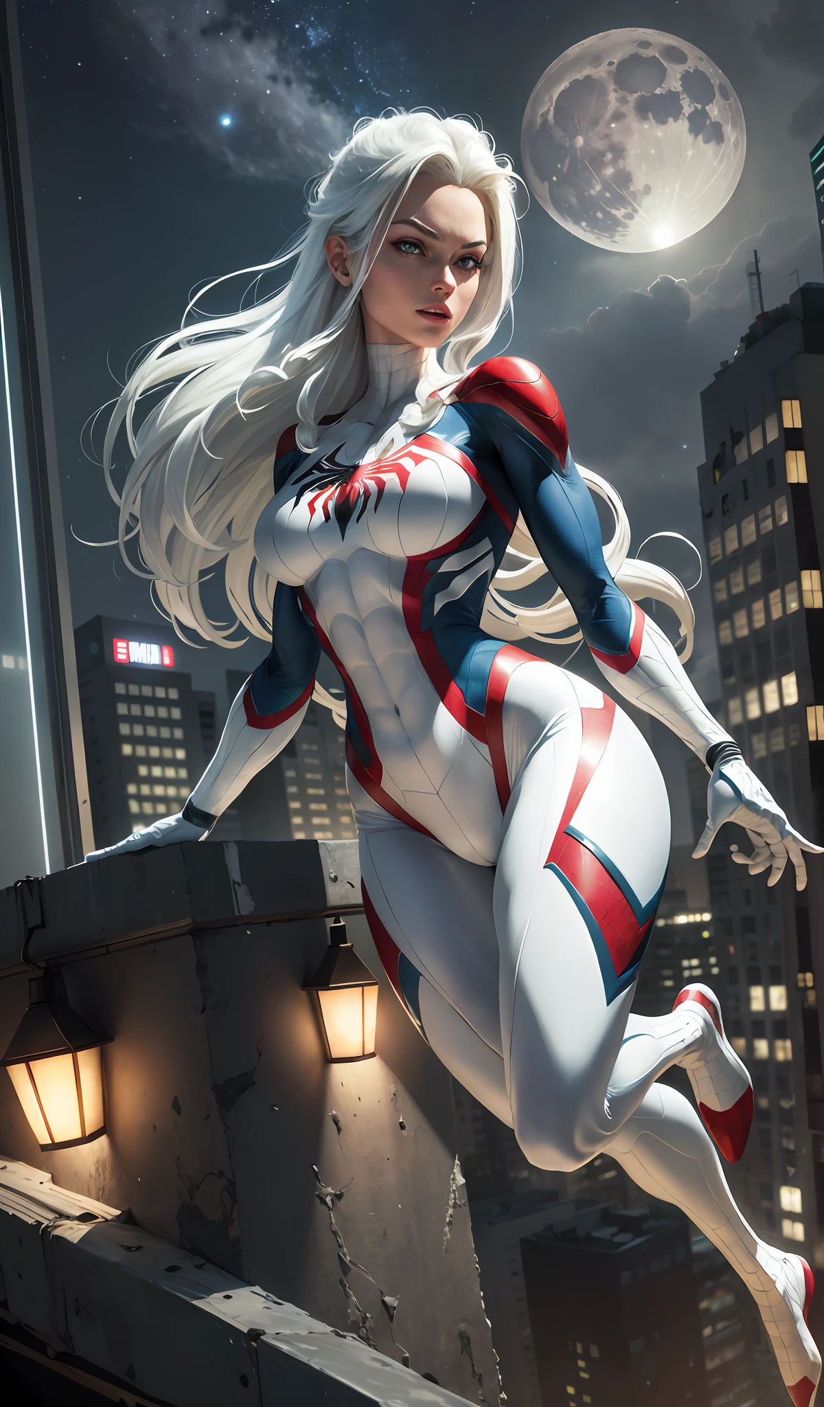 (Masterpiece, 4k resolution, ultra-realistic, very detailed), (White superhero theme, charismatic, there's a girl on top of town, wearing Spider-Man costume, she's a superhero), [ ((25 years), (long white hair:1.2), full body, (blue eyes:1.2), ((Spider-Man pose),show of strength, jumping from one building to another), ((sandy urban environment):0.8)| (cityscape, at night, dynamic lights), (full moon))] # Explanation: The Prompt mainly describes a 4K painting of ultra-high definition, very realistic, very detailed. It shows a superheroine at the top of the city, wearing a Spider-Man costume. The theme in the painting is a white superhero theme, the female protagonist has long white hair, is 25 years old and her entire body is shown in the painting. In terms of portraying the actions of superheroines, spiders are employed