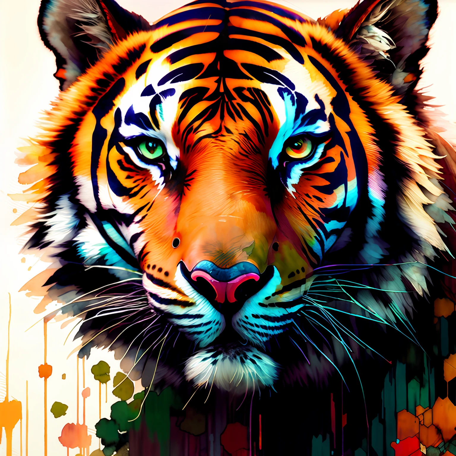 wtrcolor style, digital art of (tiger character), official art, frontal, smiling, masterpiece, beautiful, ((watercolor)), face painting, paint splashes, intricate details. Detailed and highly detailed eyes, [pinging: 0.5], Trend in artstation, by Rachel Walker