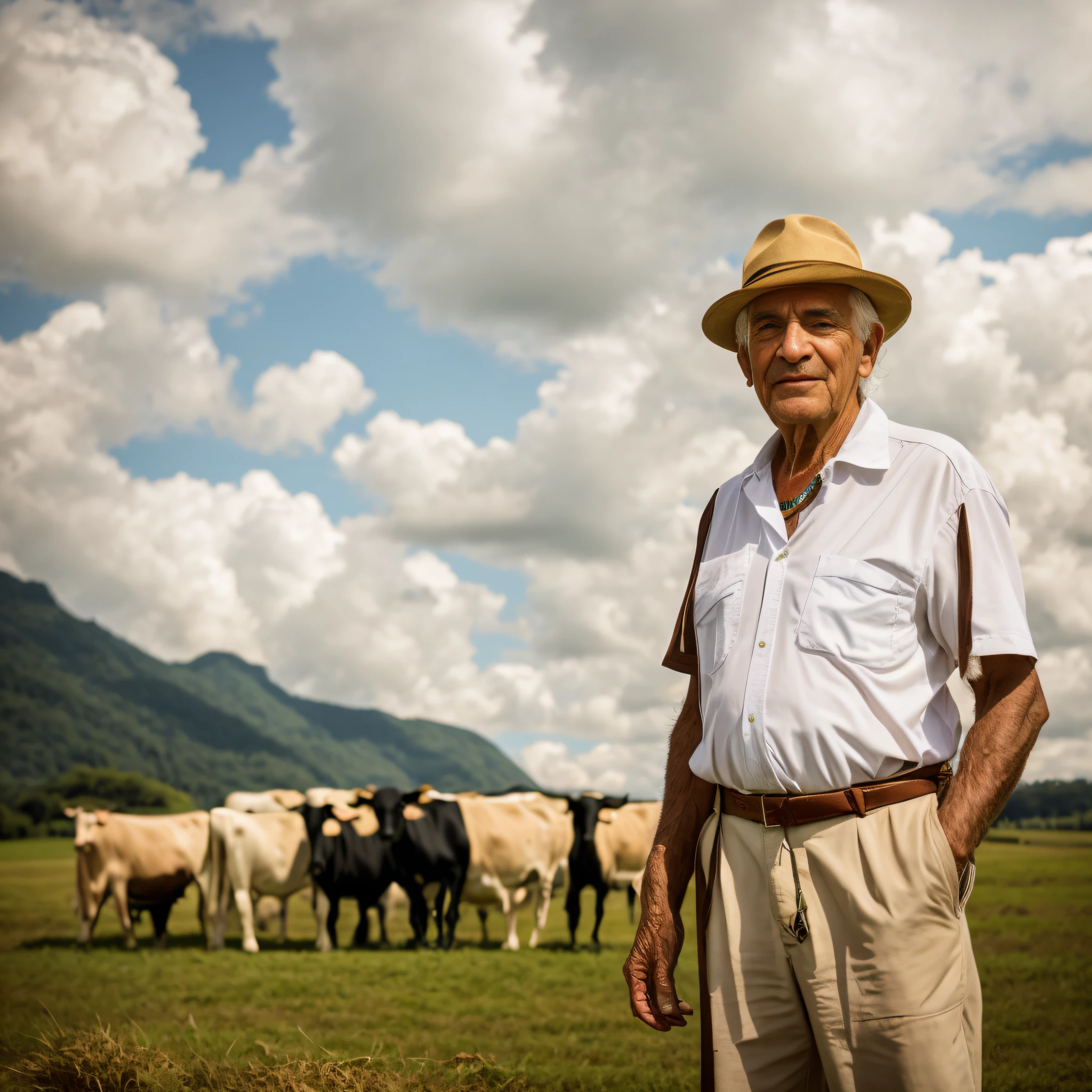 there is a person standing in a field with cows in the background, white man of 78 years, with hat, short hair, with village, in the field, beautiful surroundings, 78 years old Brazilian father, pastoral, on a farm, rural, with horse led, agricultural lands, Amazonian indigenous peoples in Brazil, profile image, farmer, men and cattle, ultra realistic details, intricate, 4k