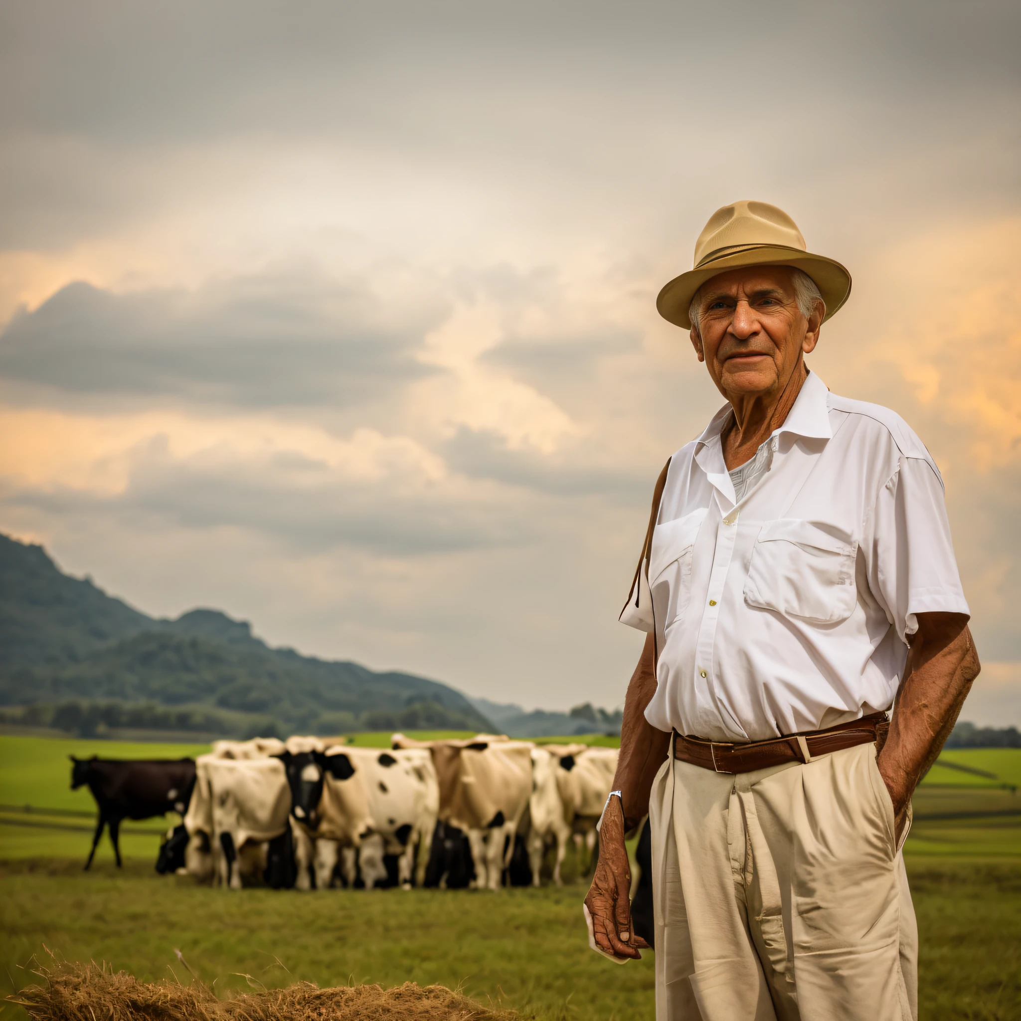 there is a person standing in a field with cows in the background, white man of 78 years, with hat, short hair, with village, in the field, beautiful surroundings, 78 years old Brazilian father, pastoral, on a farm, rural, with horse led, agricultural lands, Amazonian indigenous peoples in Brazil, profile image, farmer, men and cattle, ultra realistic details,  intricate, 4k