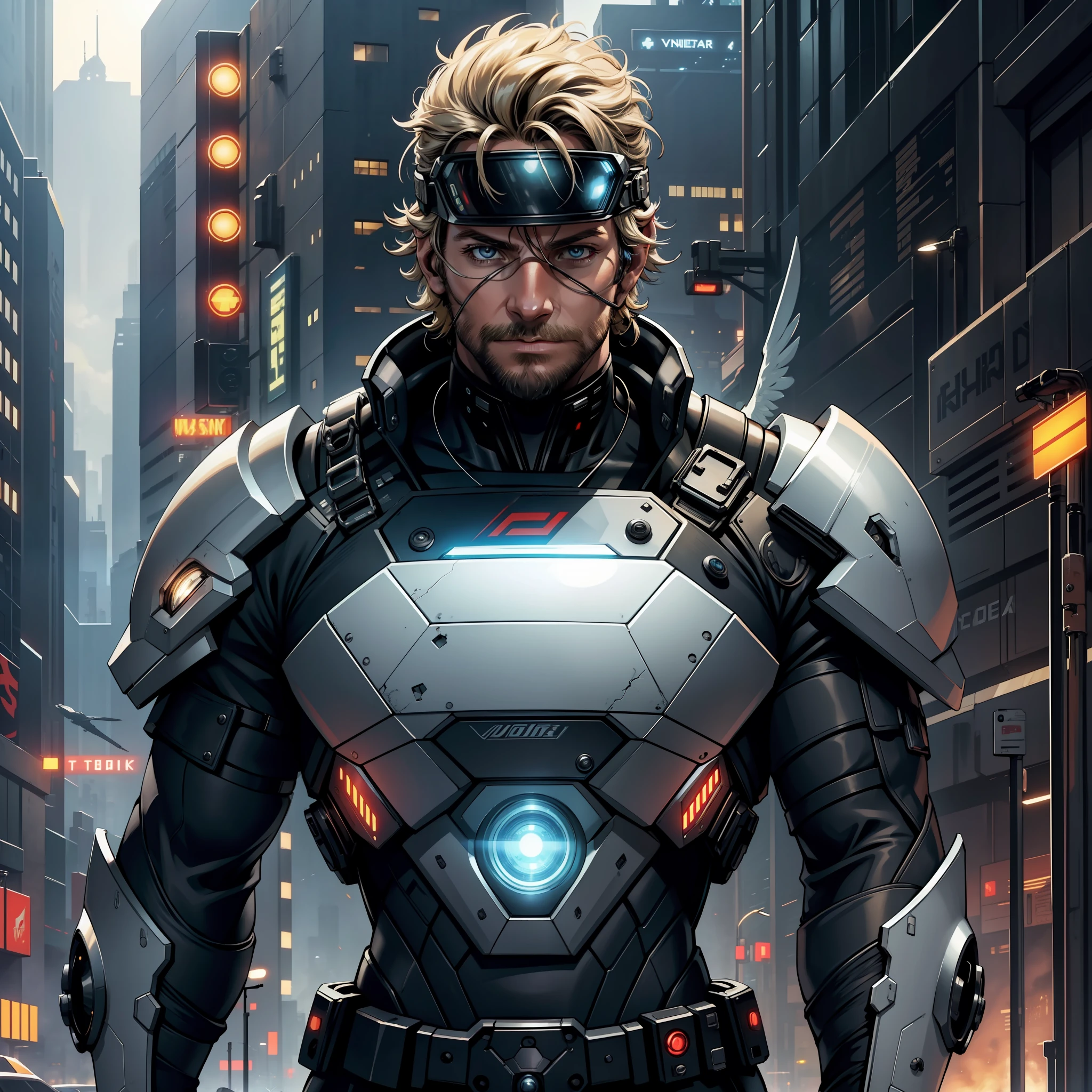 "(cyberpunk white metallic military bioarmor:1) (1man) dark theme :: focus on closeup face, rebellious face, face Bradley Cooper, ultra realistic futuristic cyberpunk muscular short man, big nose, in front of cyberpunk buildings :: short blonde hair military cut :: cool winged cybernetic military armor :: hi-tech eye visor :: visual force shield active :: natural lighting :: bokeh :: 8k :: best quality :: masterpiece ::  insanely detailed:1.5"