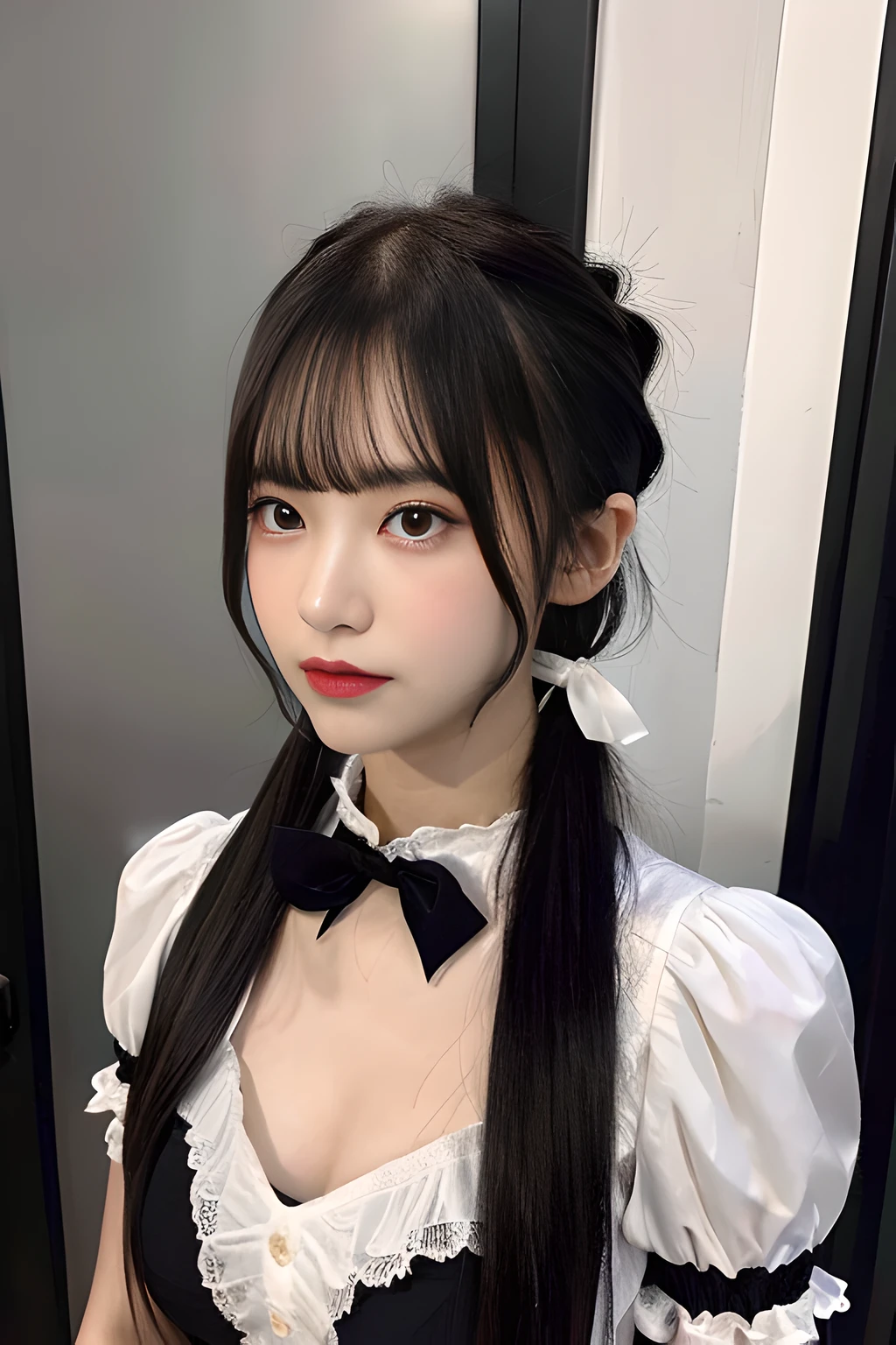 (absurdres:1.1, highres:1.1, ultra detailed:1.1),woman,black hair and eyes,long hair,bangs,ponnytail,ribbon,medium breasts