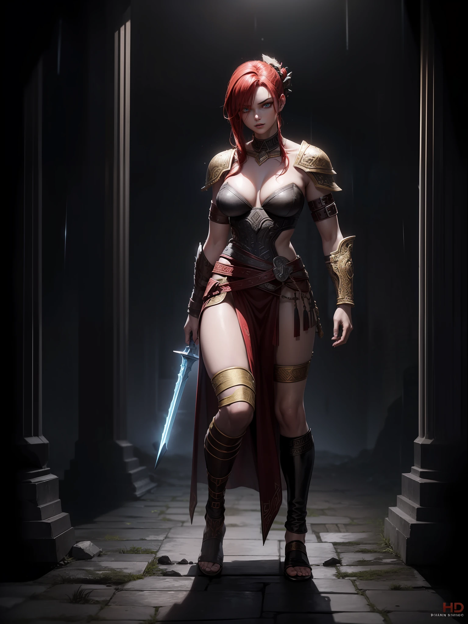 ((God of War Ragnarok Style, God of War Ragnarok Universe, Full body photo, standing, down to earth)), (Gaiana a Spartan warrior, large breasts, black/brown leather and gold details/Spartan warrior costume, tight costume on the body, extremely exhibitionist, extremely pale whitish skin, tattoos all over her body and face), ((she is in an ancient macabre Greek temple at night raining hard)),  she has ((mohawk-style red hair, blue eyes, looking directly at the viewer)), closed fists, water-soaked hair/body/clothing, fighting position, sword at waist, God of War Ragnarok, crazy smile, anime, 16k, award winning, high details, high quality, textured skin, anatomically correct, masterpiece, UHD, ccurate