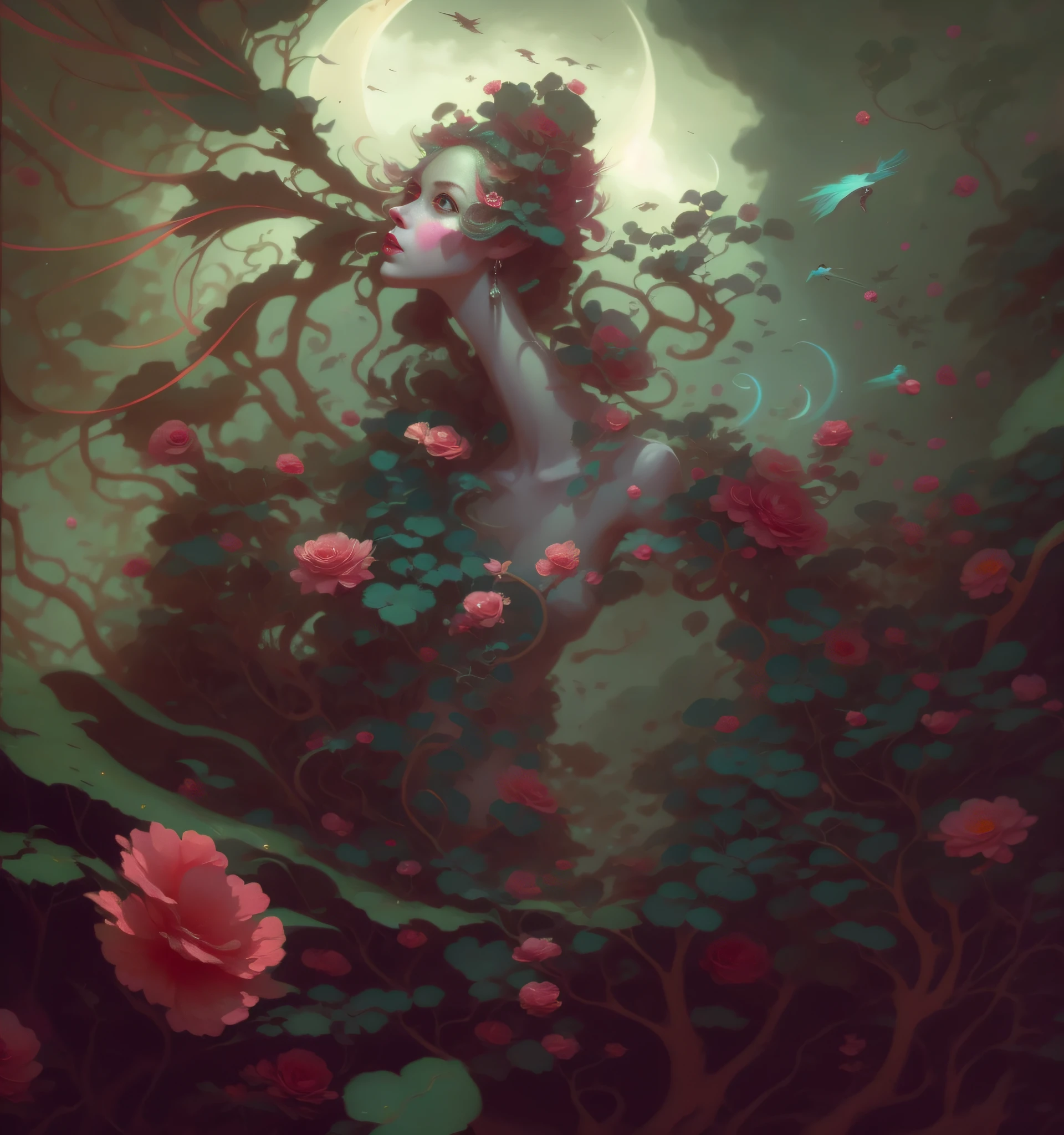 painting of a woman with a strange face and a flowery dress, peter mohrbacher'', peter mohrbacher style, peter mohrbacher c 2 0, peter mohrbacher digital art, peter mohrbacher artstyle, style of peter mohrbacher, artgerm julie bell beeple, art of wlop and greg rutkowski