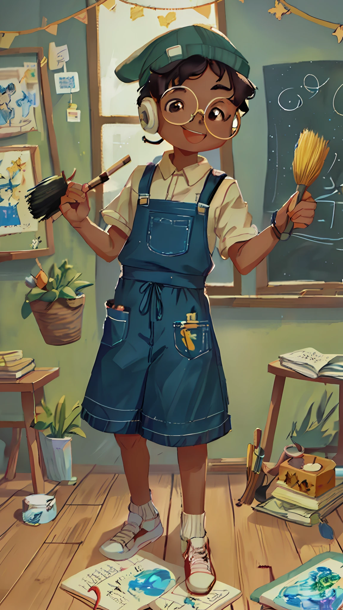 A black boy, round glasses, apron, painter, holding a brush, beanie, headphones, painting, happy, happy, perfect quality, clear focus (clutter - house: 0.8), (masterpiece: 1.2) (realistic: 1.2) (bokeh) (best quality) (detailed skin: 1.3) (intricate details) (8K) (detail eyes) (sharp focus), (happy), in the background Van Gogh's starry night, starry night painting, beautiful UHD art 4 k, Starry Night, by Van Gogh, Starry Night!!!!!!!!!!!!!!!!!!!!, painting by Van Gogh
