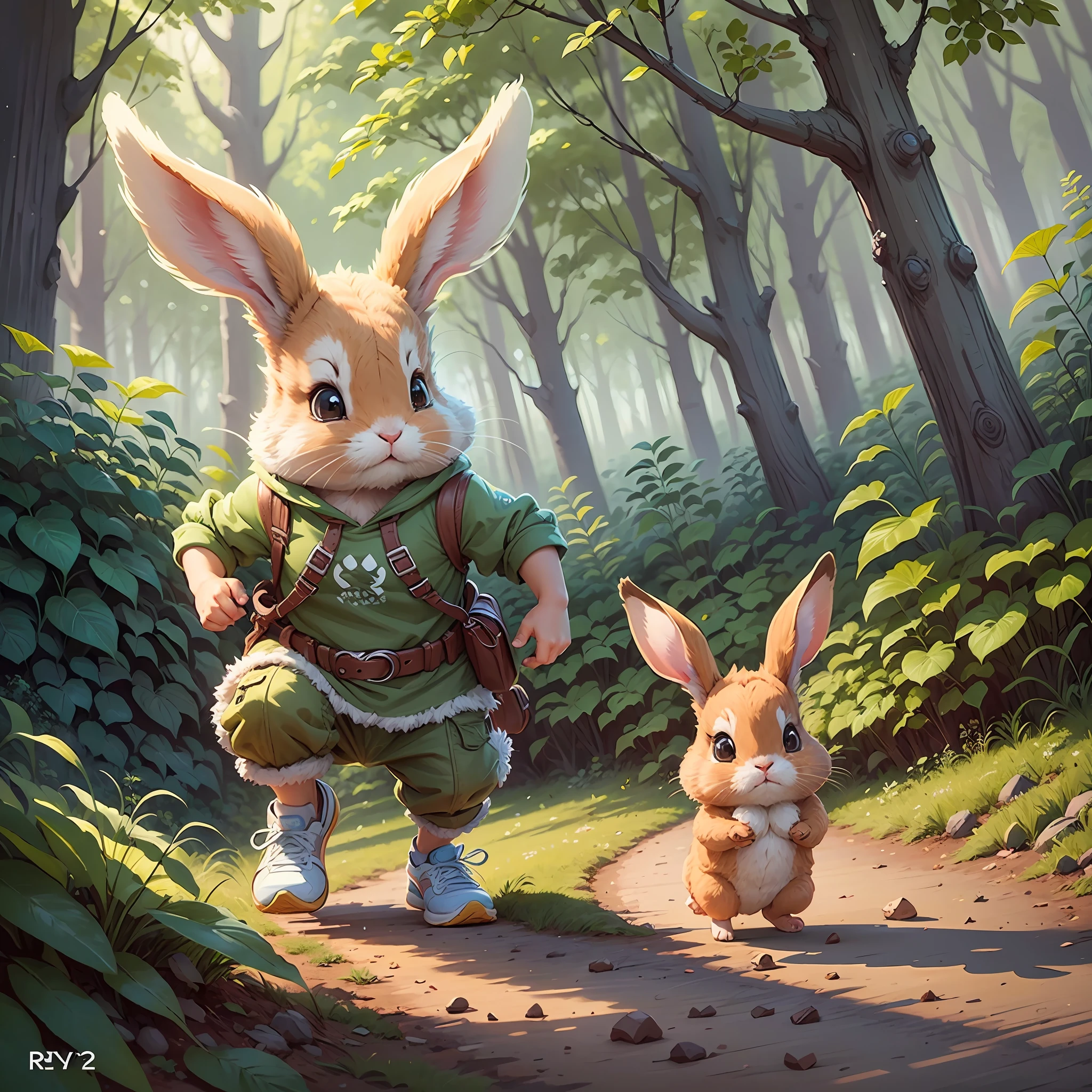 illustration of a young rabbit wearing running shoes in a forest, children's art in artstation, cute detailed digital art, adorable digital painting, mobile game art, children's book illustration, cute storybook illustration, highly detailed official art, colorful children's book illustration, complete art illustration, by Ryan Yee, game illustration, background art, winner of the character design contest --auto --s2