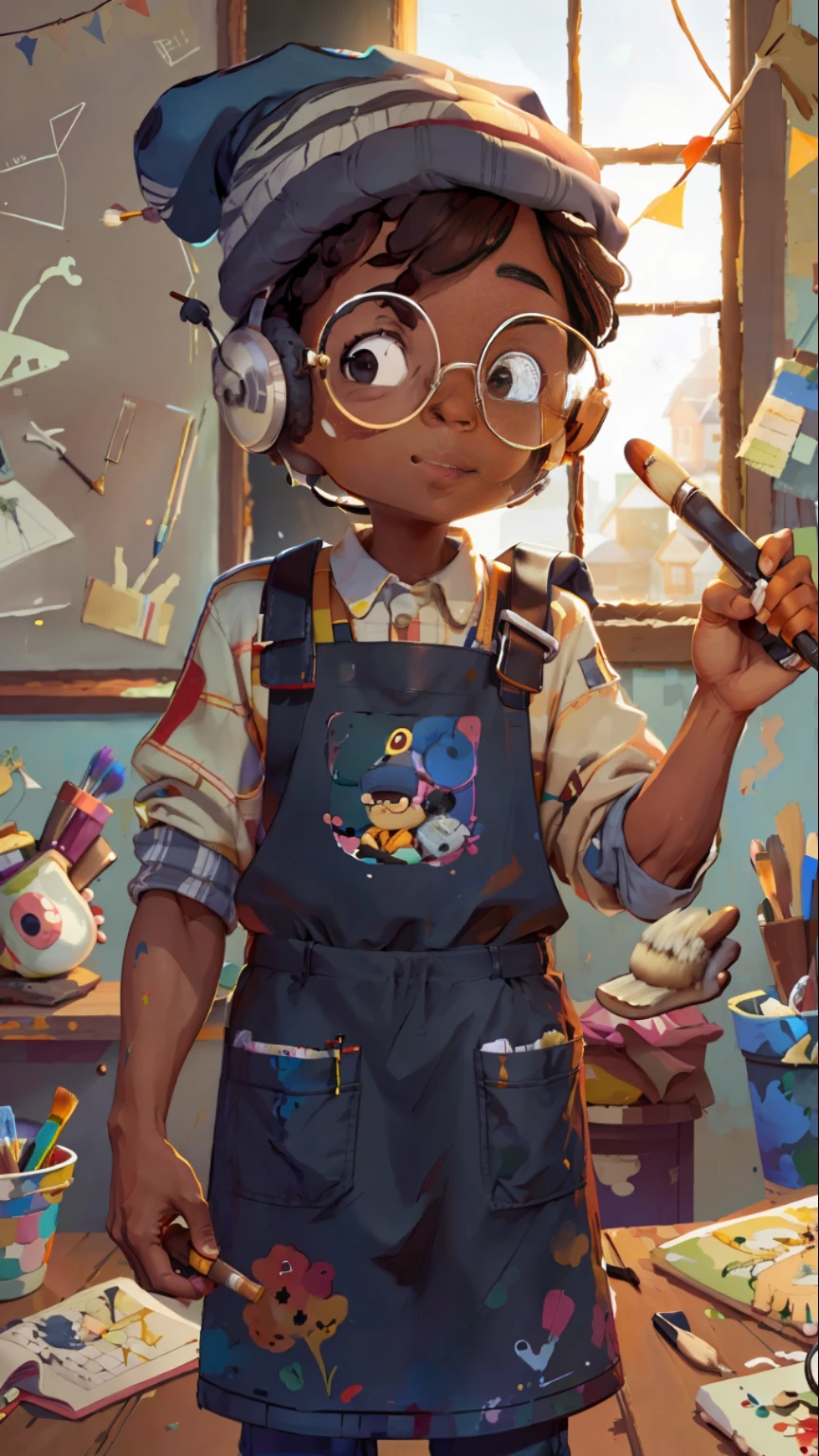 A black boy, round glasses, apron, painter, holding a brush, beanie, headphones, painting, happy, happy, perfect quality, clear focus (clutter - house: 0.8), (masterpiece: 1.2) (realistic: 1.2)(best quality) (detailed leather: 1.3) (intricate details) (8K) (detail eyes) (sharp focus), (happy)