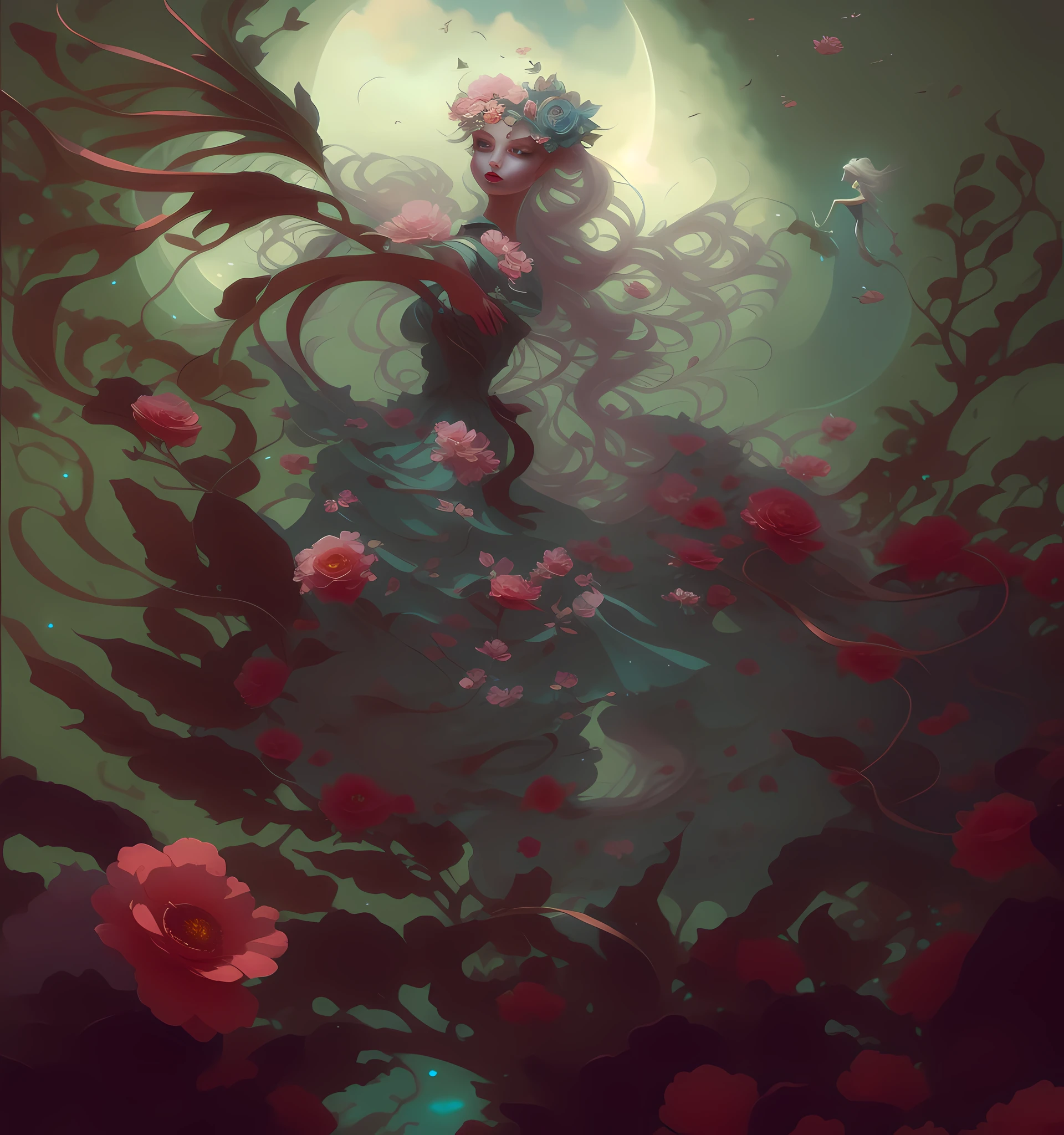 painting of a woman with a strange face and a flowery dress, peter mohrbacher'', peter mohrbacher style, peter mohrbacher c 2 0, peter mohrbacher digital art, peter mohrbacher artstyle, style of peter mohrbacher, artgerm julie bell beeple, art of wlop and greg rutkowski