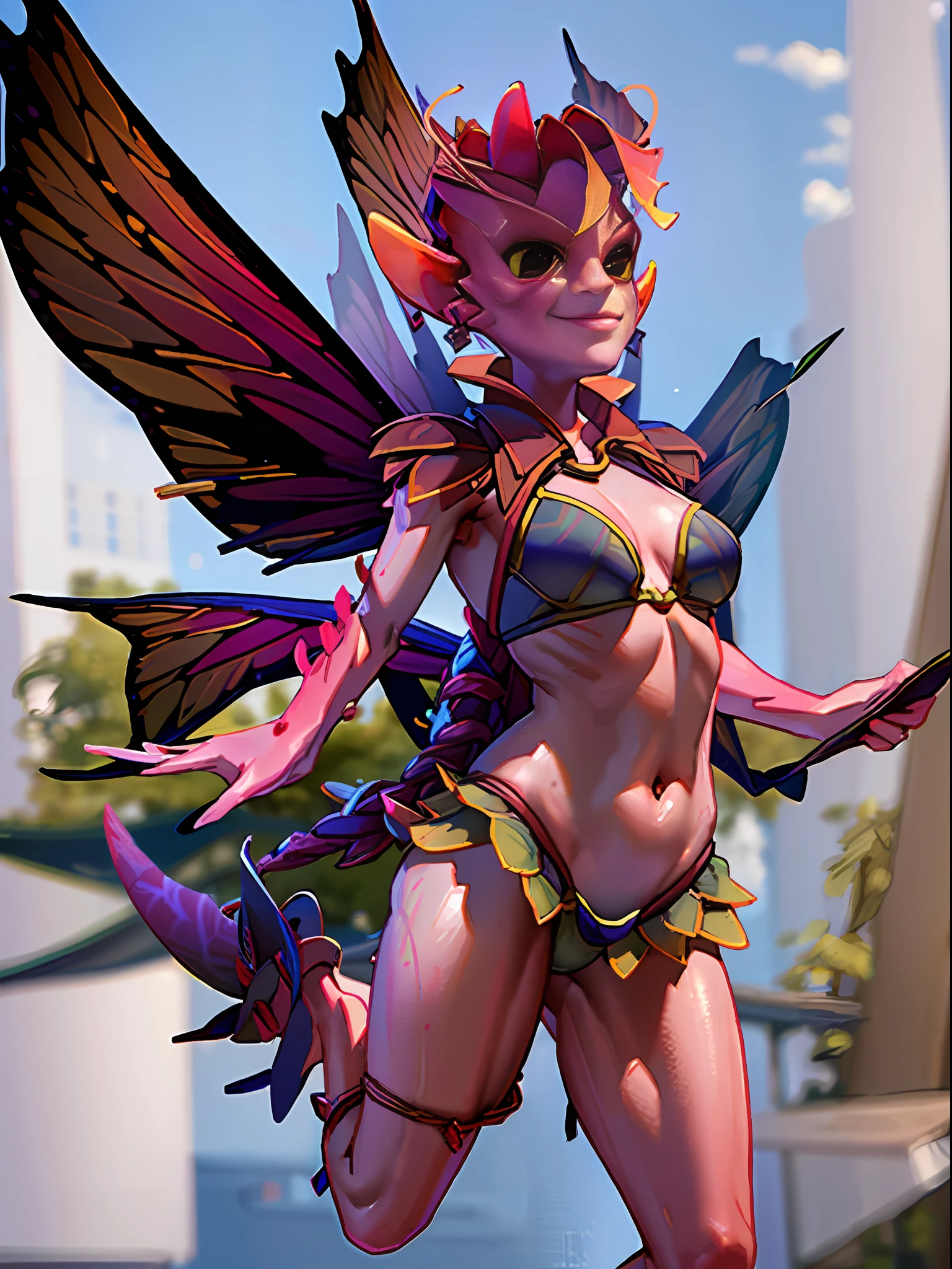 best quality, masterpiece, 1girl, solo, mireska dark willow, dota 2, dark willow, floating, flying, bikini, side-tie panties, swimsuit, smile, wings, full body, ingame model