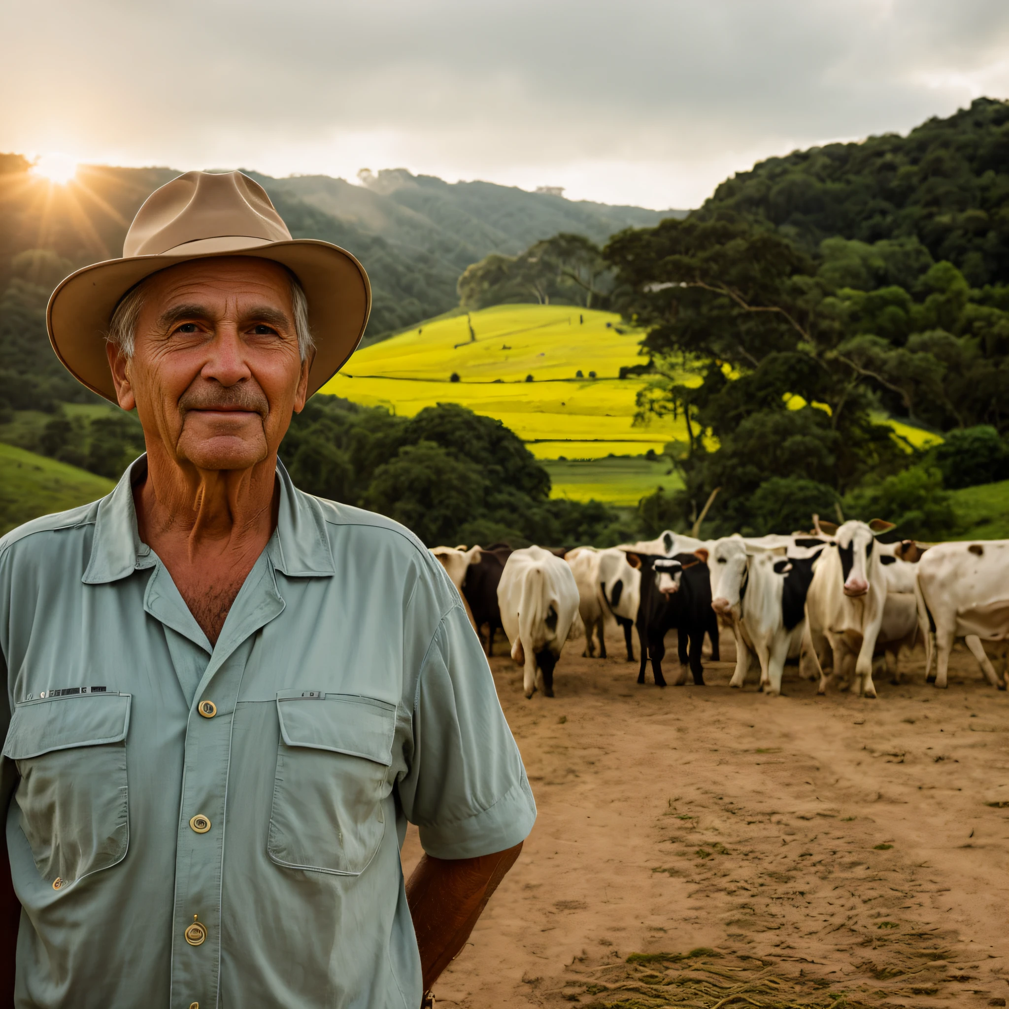 there is a person standing in a field with cows in the background, white man of 78 years, with hat, short hair, with village, in the field, beautiful surroundings, 78 years old Brazilian father, pastoral, on a farm, rural, with horse led, agricultural lands, Amazonian indigenous peoples in Brazil, profile image, farmer, men and cattle, ultra realistic details,  intricate, 4k