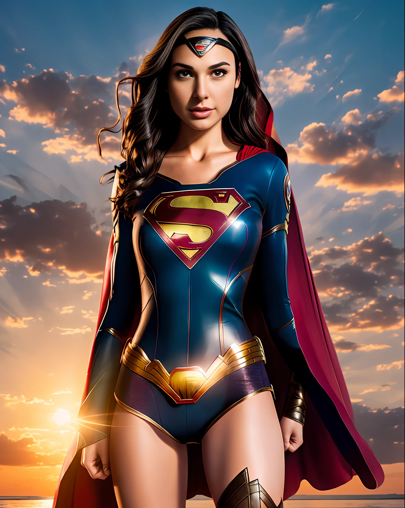 realistic portrait of Gal Gadot (((dressed as super girl)))), gorgeous and perfect body, sunset as background, 8k, uhd, severe low lighting, high quality, sharp focus, fujifilm XT3