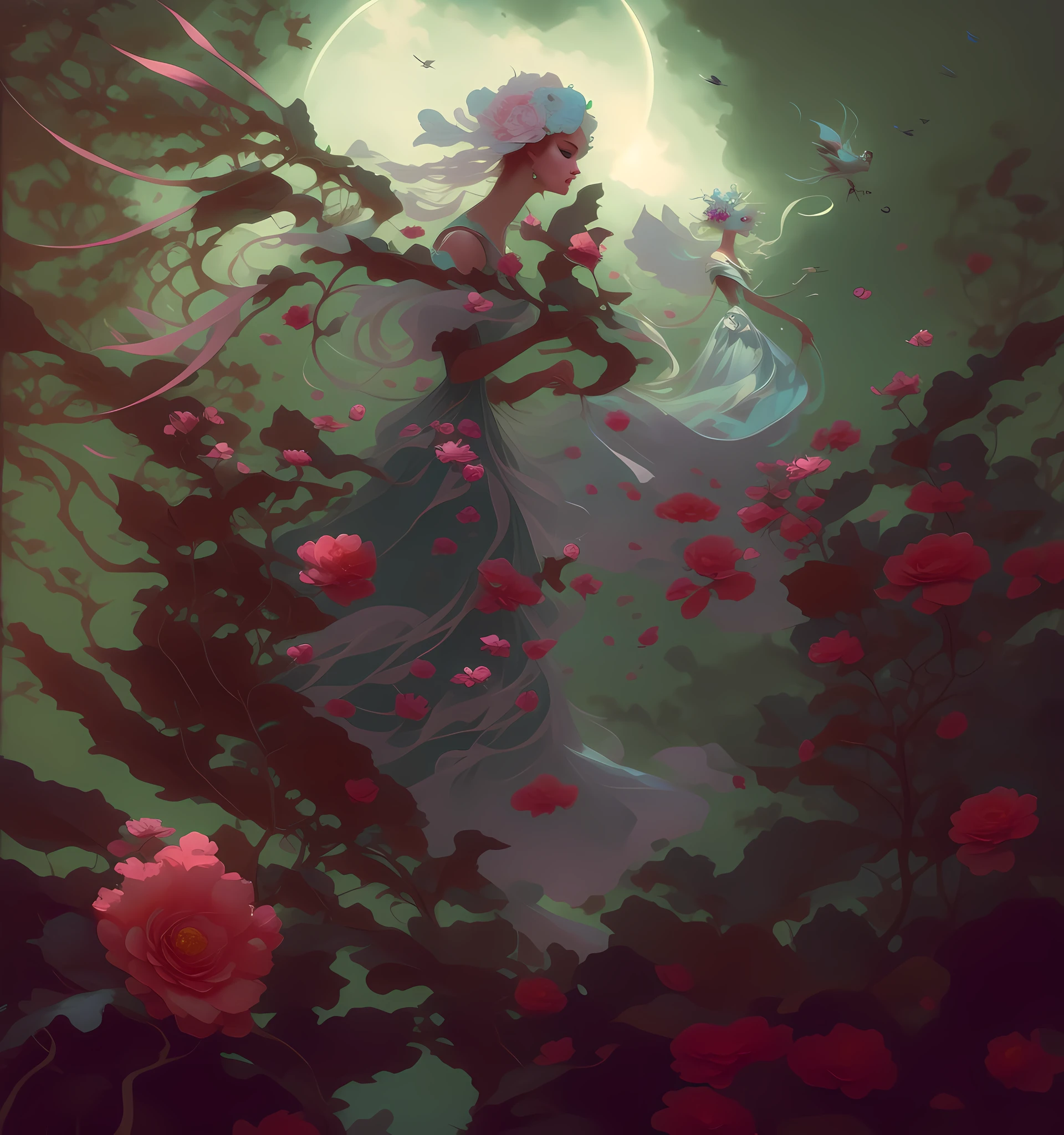 painting of a woman with a strange face and a flowery dress, peter mohrbacher'', peter mohrbacher style, peter mohrbacher c 2 0, peter mohrbacher digital art, peter mohrbacher artstyle, style of peter mohrbacher, artgerm julie bell beeple, art of wlop and greg rutkowski