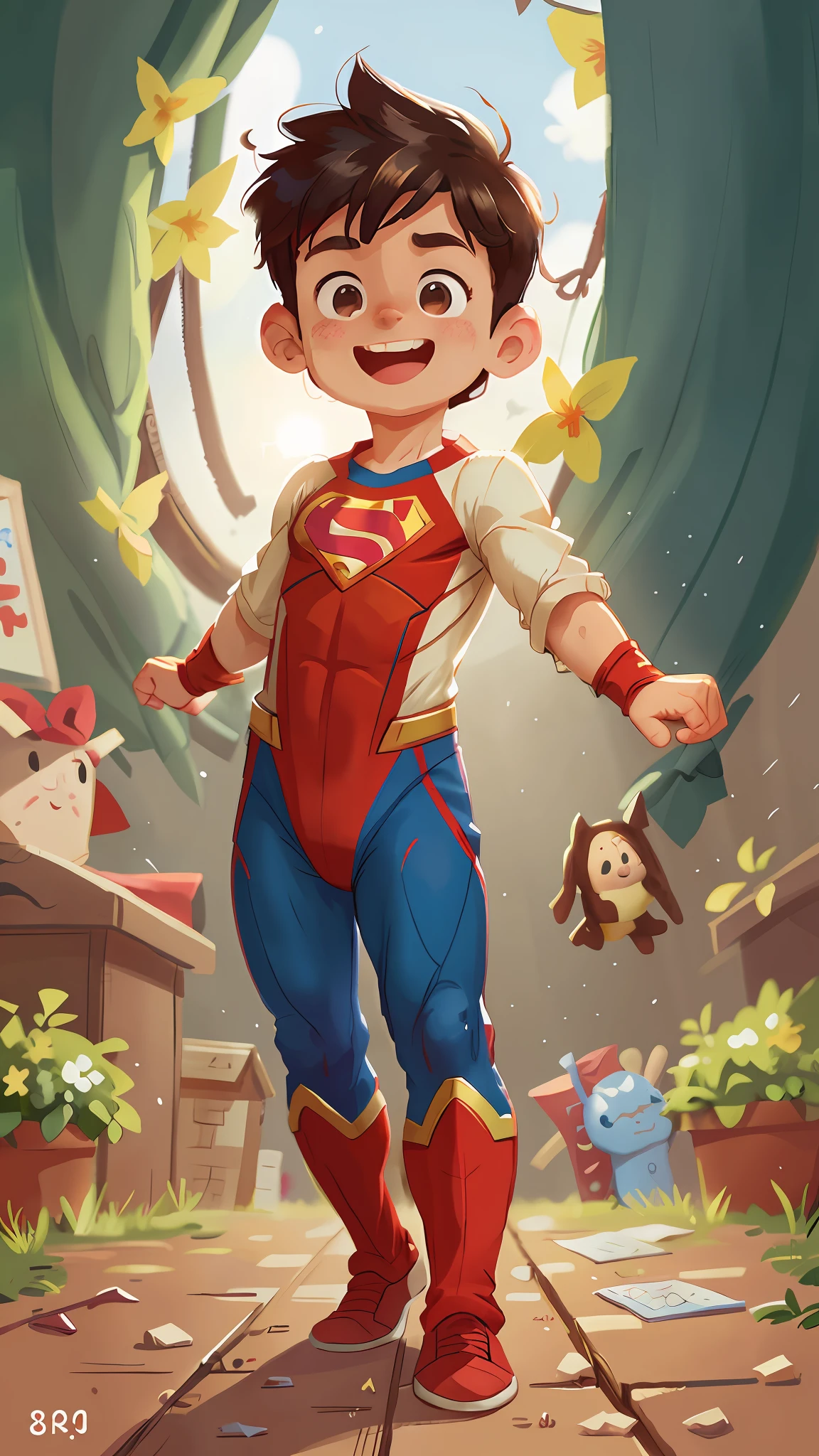 A boy, playing dressed as superman , happy, happy, perfect quality, clear focus (clutter - home: 0.8), (masterpiece: 1.2) (realistic: 1.2) (bokeh) (best quality) (detailed skin: 1.3) (intricate details) (8K) (detail eyes) (sharp focus), (happy)