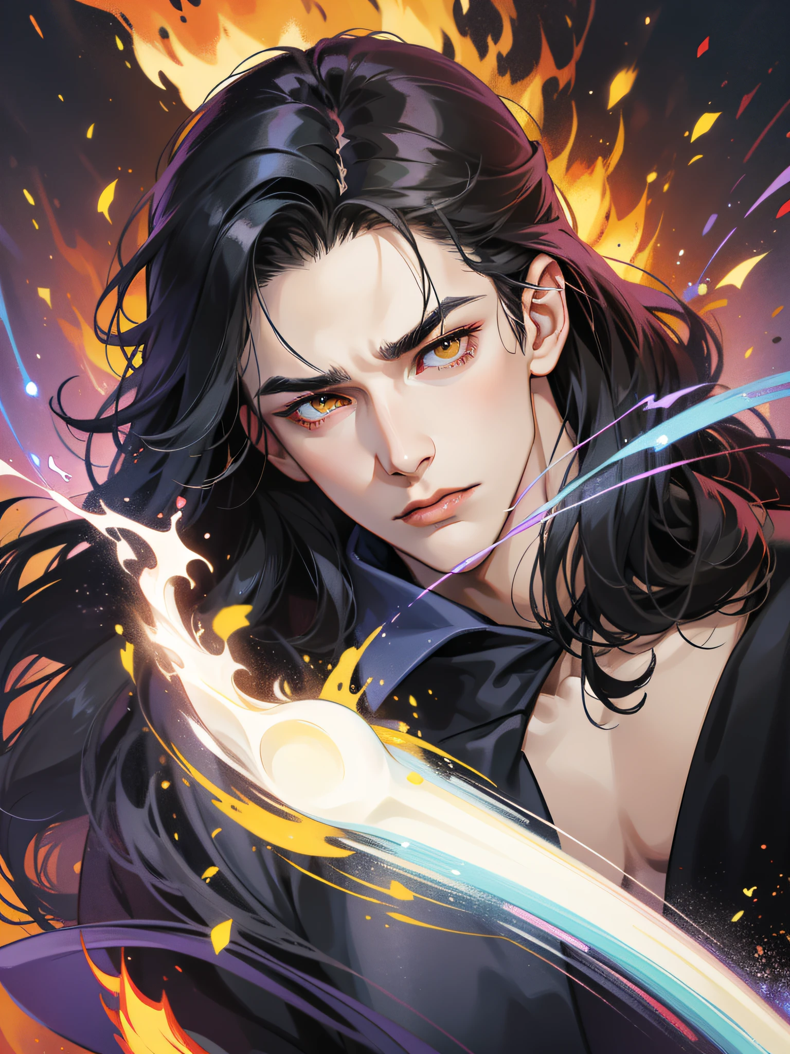There is one young vampire handsome man with a perfect thin face face, clean-shaven, with yellow eyes, thin eyebrows, straight nose and long straight black hair in black long old clothes, a thin young man of 30 years old throws fire with his hands, an expression of rage on his face, his eyebrows are drawn together, his eyes are burning, the background is a dark burning forest at night, full-length
