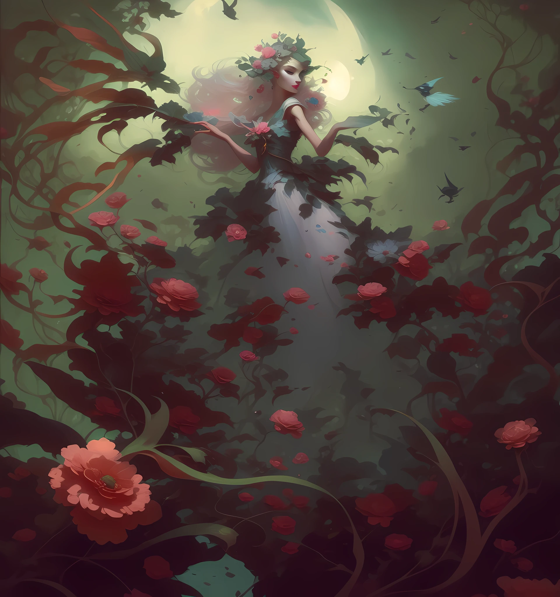 painting of a woman with a strange face and a flowery dress, peter mohrbacher'', peter mohrbacher style, peter mohrbacher c 2 0, peter mohrbacher digital art, peter mohrbacher artstyle, style of peter mohrbacher, artgerm julie bell beeple, art of wlop and greg rutkowski