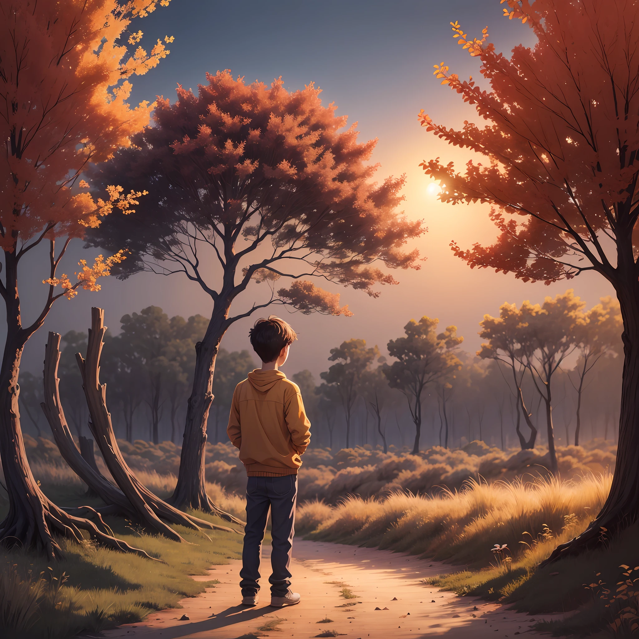 A boy stand with a single tree ,in sun set , along , sadness, organic colour --auto --s2
