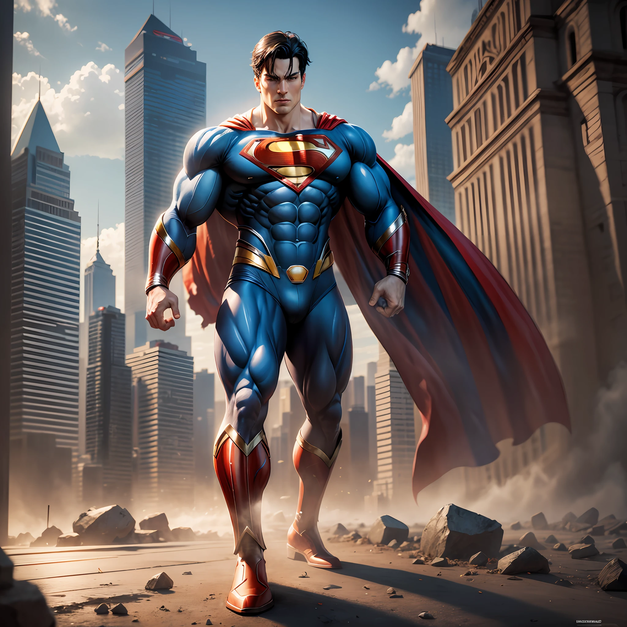 realistic drawing, superman, hero, ultra muscular, full body, seen from the front, castle environment, complex and highly detailed details, volumetric lighting, 4K rendering, ultra-realistic and realistic textures --auto --s2