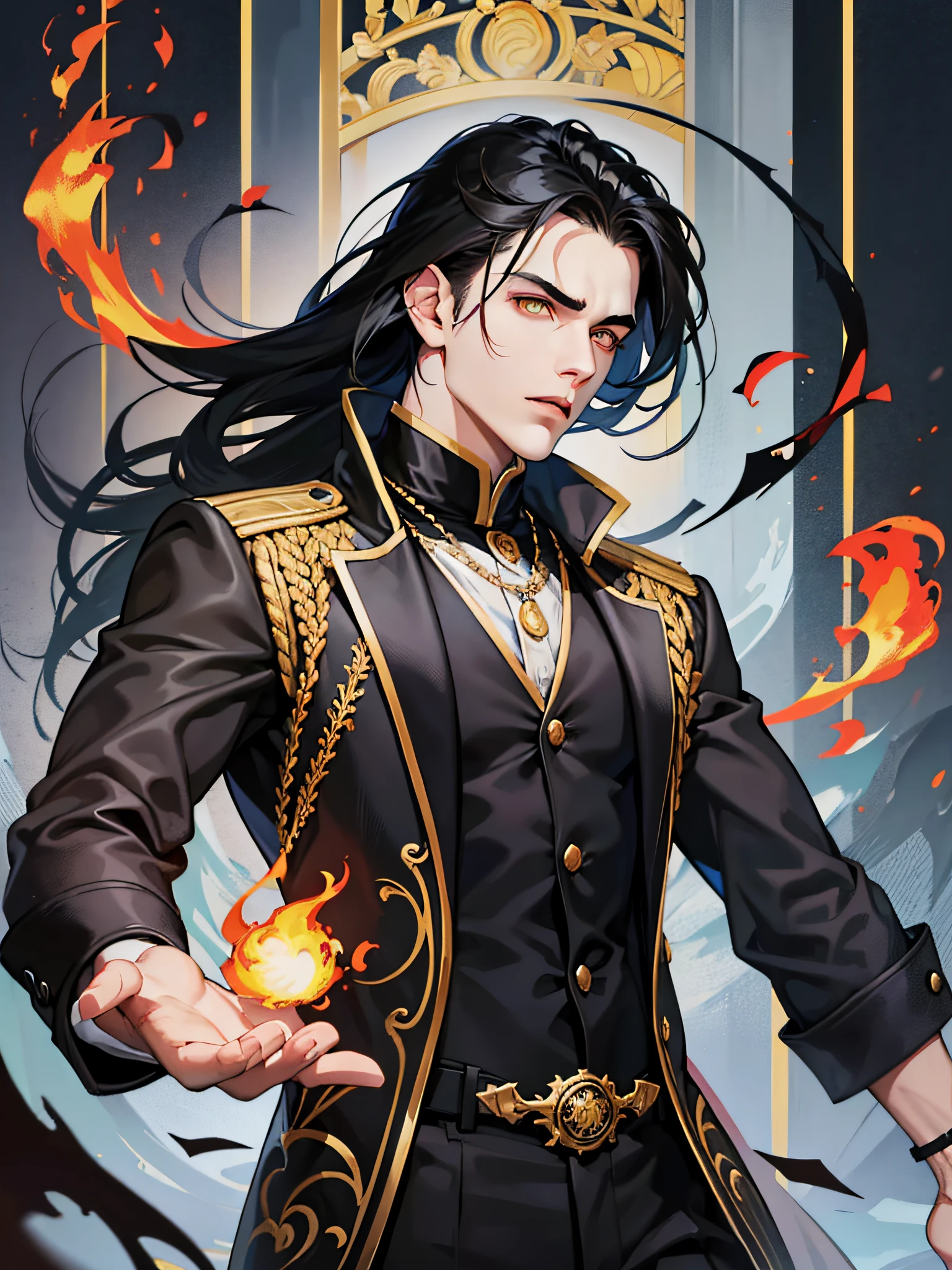 There is one young vampire handsome man with a perfect thin face face, clean-shaven, with yellow eyes, thin eyebrows, straight nose and long straight black hair in black long old clothes, a thin young man of 30 years old throws fire with his hands, an expression of rage on his face, his eyebrows are drawn together, his eyes are burning, the background is a dark burning forest at night, full-length