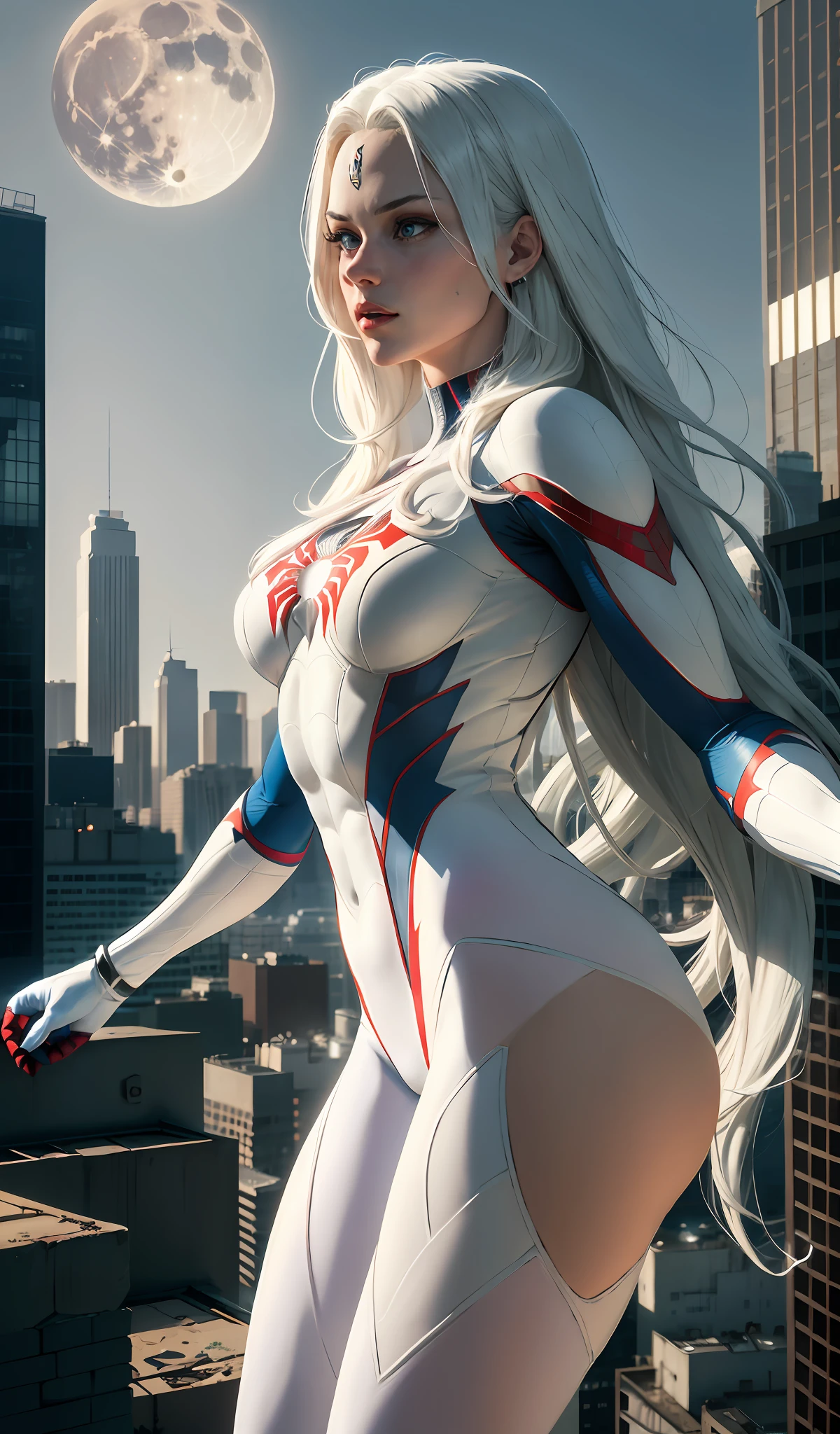 (Masterpiece, 4k resolution, ultra-realistic, very detailed), (White superhero theme, charismatic, there's a girl on top of town, wearing Spider-Man costume, she's a superhero), [ ((25 years), (long white hair:1.2), full body, (blue eyes:1.2), ((Spider-Man pose),show of strength, jumping from one building to another), ((sandy urban environment):0.8)| (cityscape, at night, dynamic lights), (full moon))] # Explanation: The Prompt mainly describes a 4K painting of ultra-high definition, very realistic, very detailed. It shows a superheroine at the top of the city, wearing a Spider-Man costume. The theme in the painting is a white superhero theme, the female protagonist has long white hair, is 25 years old and her entire body is shown in the painting. In terms of portraying the actions of superheroines, spiders are employed