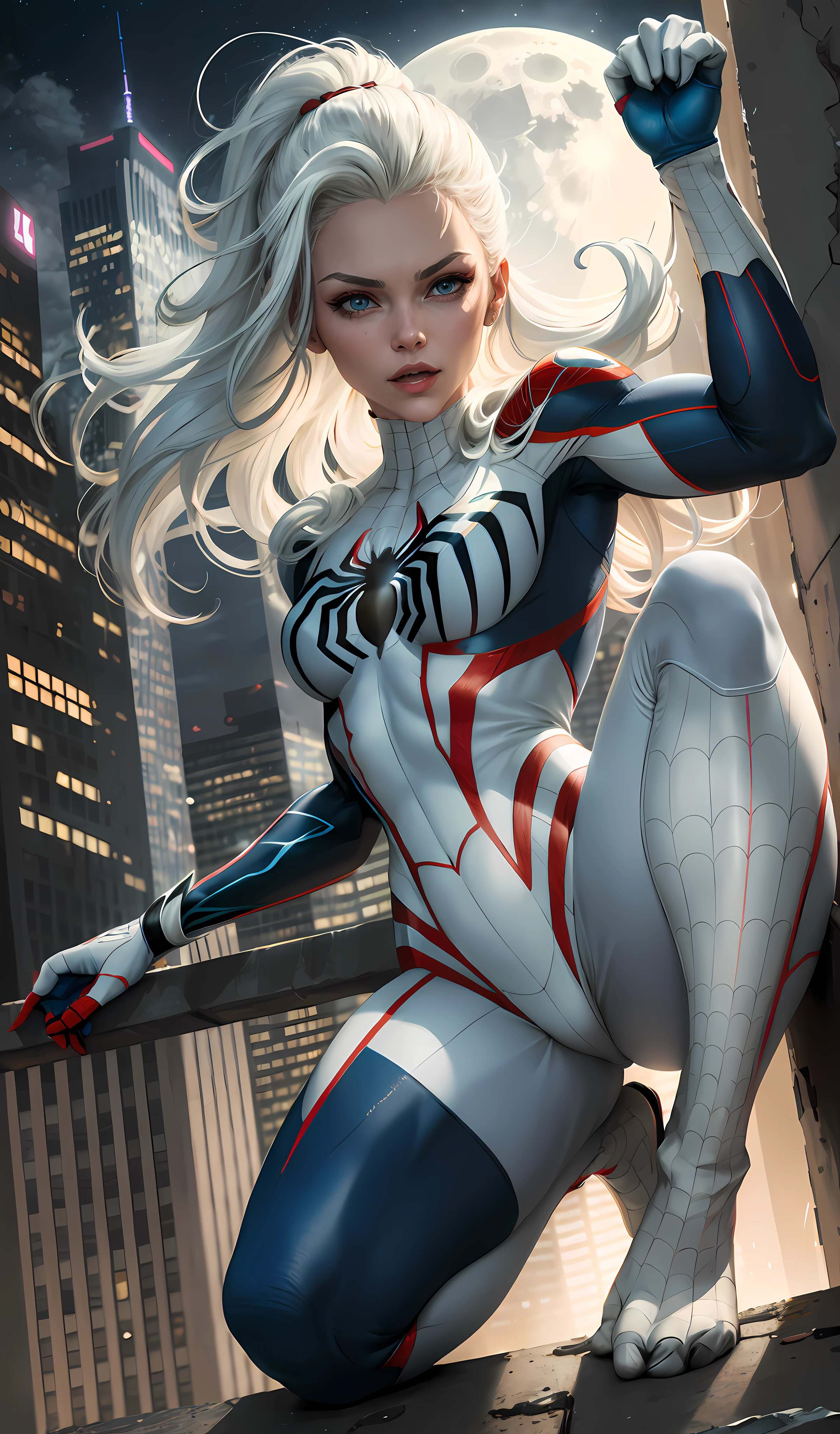 (Masterpiece, 4k resolution, ultra-realistic, very detailed), (White superhero theme, charismatic, there's a girl on top of town, wearing Spider-Man costume, she's a superhero), [ ((25 years), (long white hair:1.2), full body, (blue eyes:1.2), ((Spider-Man pose),show of strength, jumping from one building to another), ((sandy urban environment):0.8)| (cityscape, at night, dynamic lights), (full moon))] # Explanation: The Prompt mainly describes a 4K painting of ultra-high definition, very realistic, very detailed. It shows a superheroine at the top of the city, wearing a Spider-Man costume. The theme in the painting is a white superhero theme, the female protagonist has long white hair, is 25 years old and her entire body is shown in the painting. In terms of portraying the actions of superheroines, spiders are employed