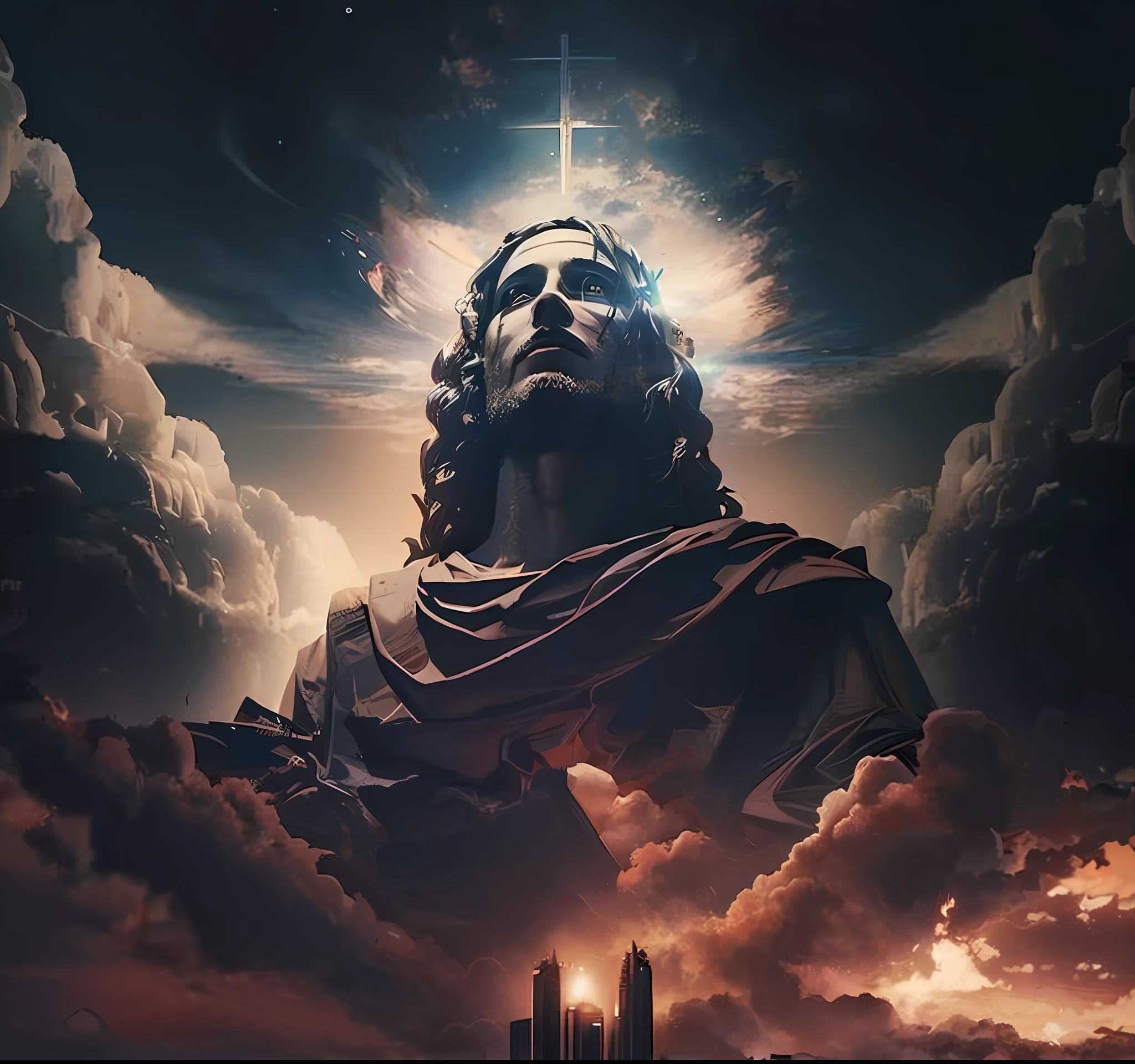 a closeup of a statue of jesus with a cross in the sky, cyberpunk jesus christ, slate gray climate art concept of god, jesus christ, by Beeple, beeple masterpiece, beeple and mike winkelmann, jesus christ in mass effect, the god emperor of mankind, by Aleksander Kobzdej, black jesus