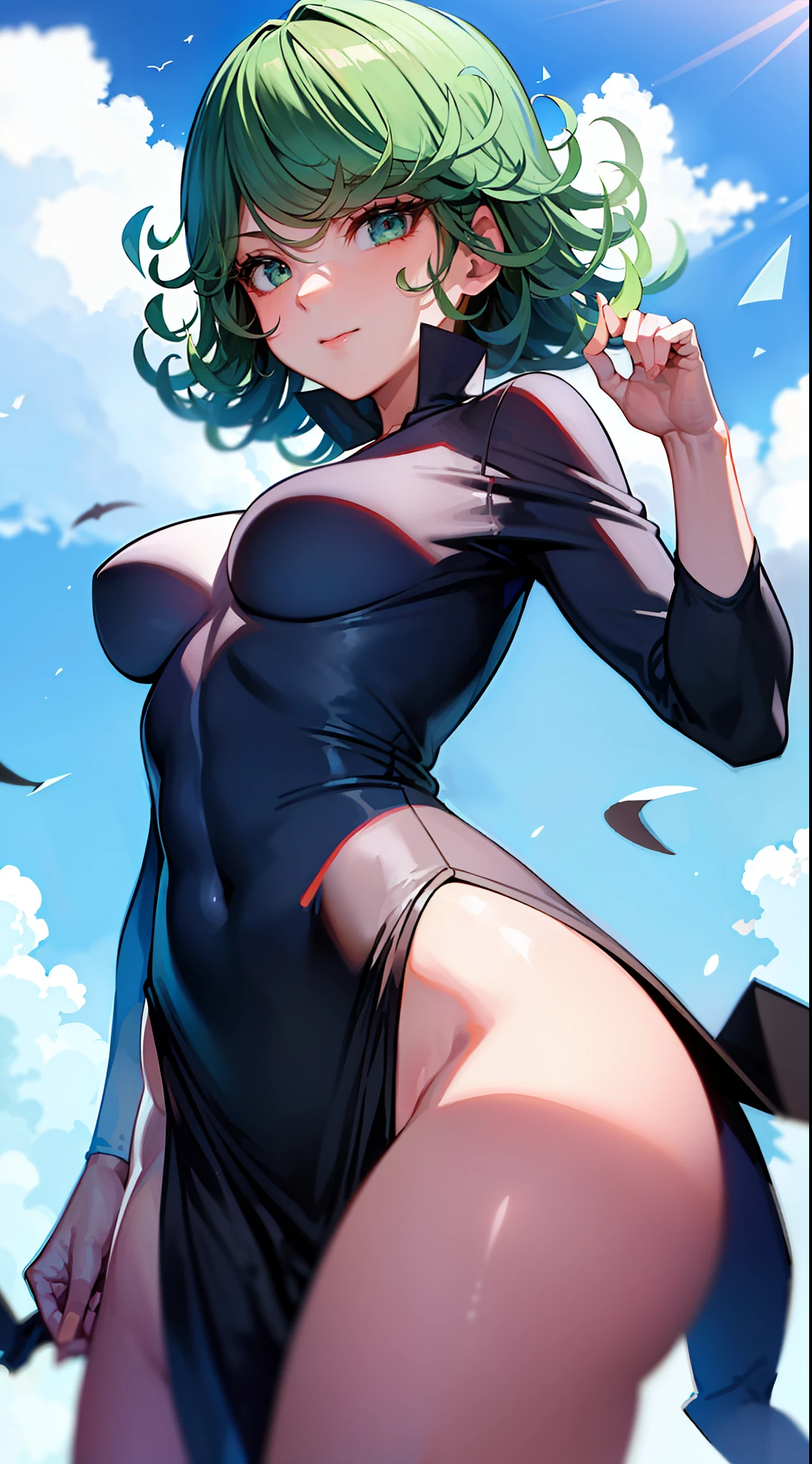 (masterpiece, best quality:1.2), cowboy shot, solo, 1girl, tatsumaki, lustful, closed mouth, looking at the viewer, ass, wide hips, black dress, blue sky, clouds, erotica